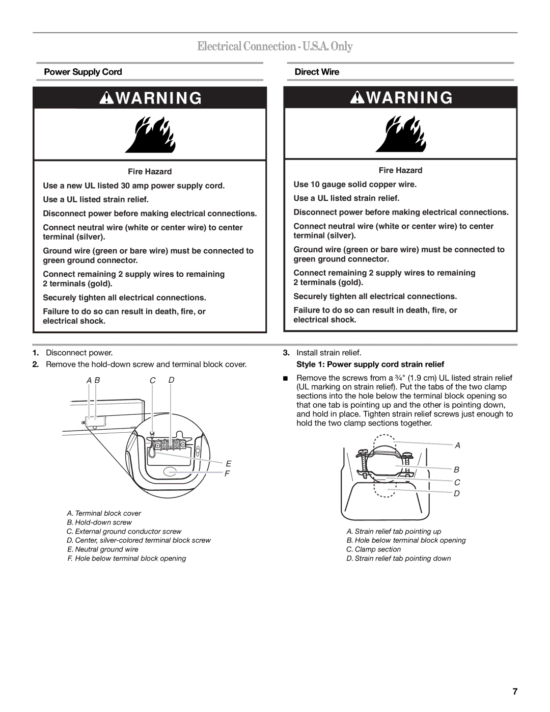 Whirlpool W10151493A, W10151492A manual ElectricalConnection-U.S.A.Only, Power Supply Cord Direct Wire 