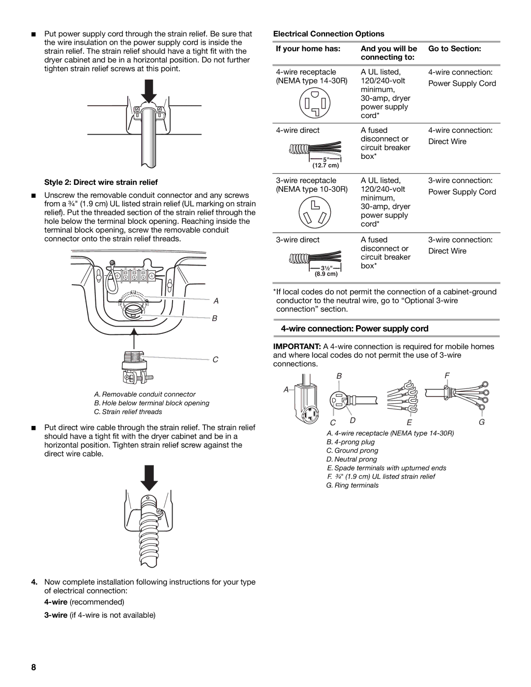 Whirlpool W10151492A, W10151493A manual Wire connection Power supply cord, Style 2 Direct wire strain relief 