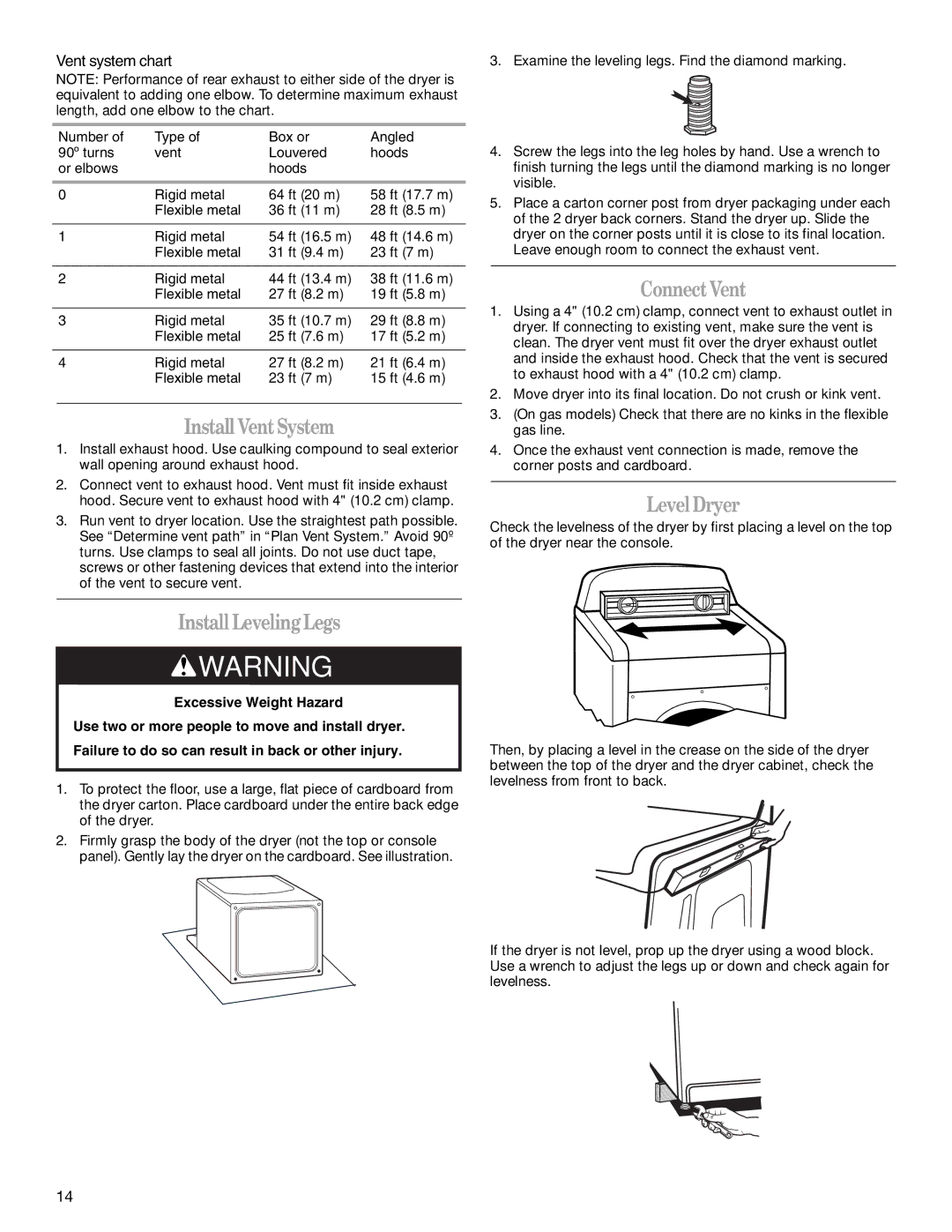 Whirlpool W10151492A manual Install VentSystem, Install LevelingLegs, ConnectVent, LevelDryer, Vent system chart 