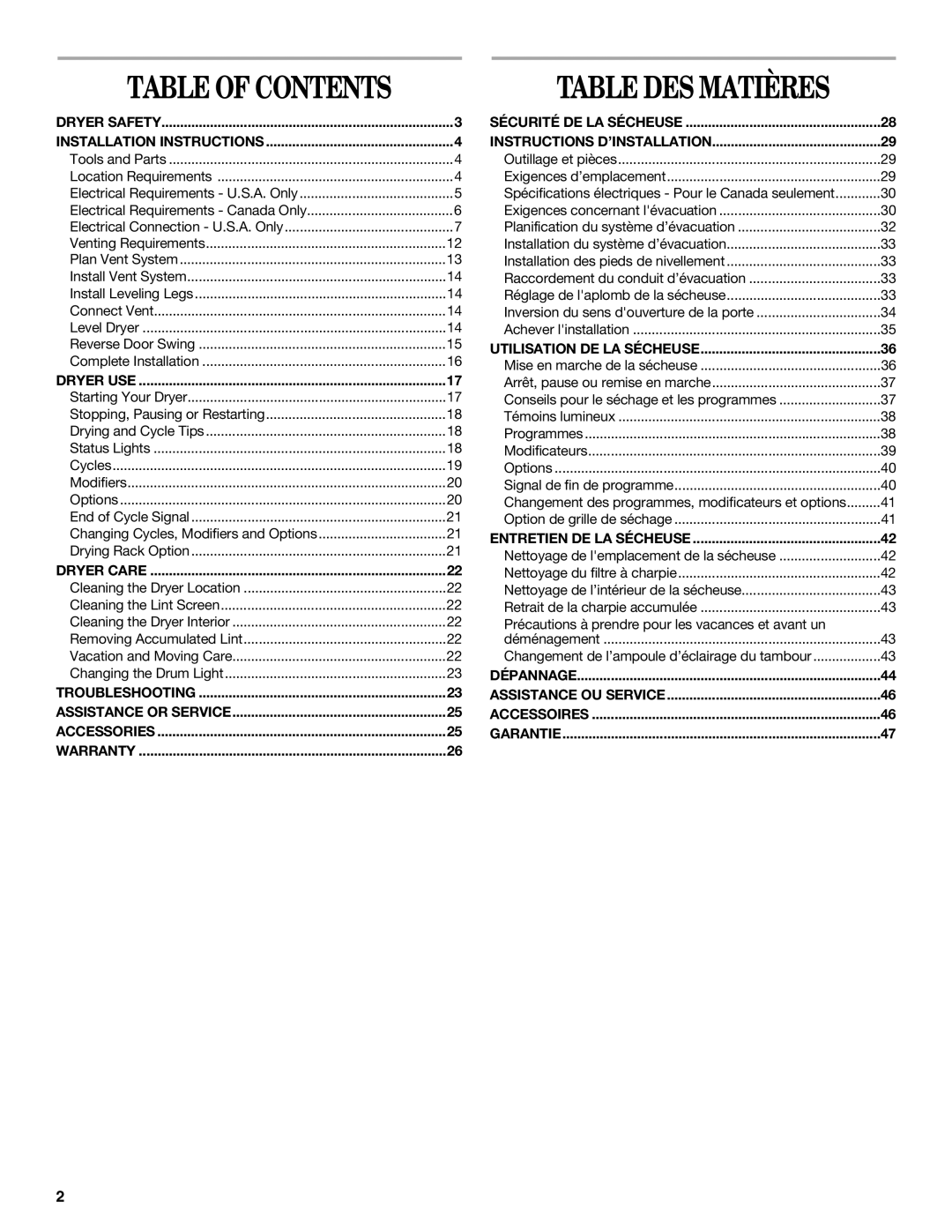 Whirlpool W10151492A manual Table DES Matières 