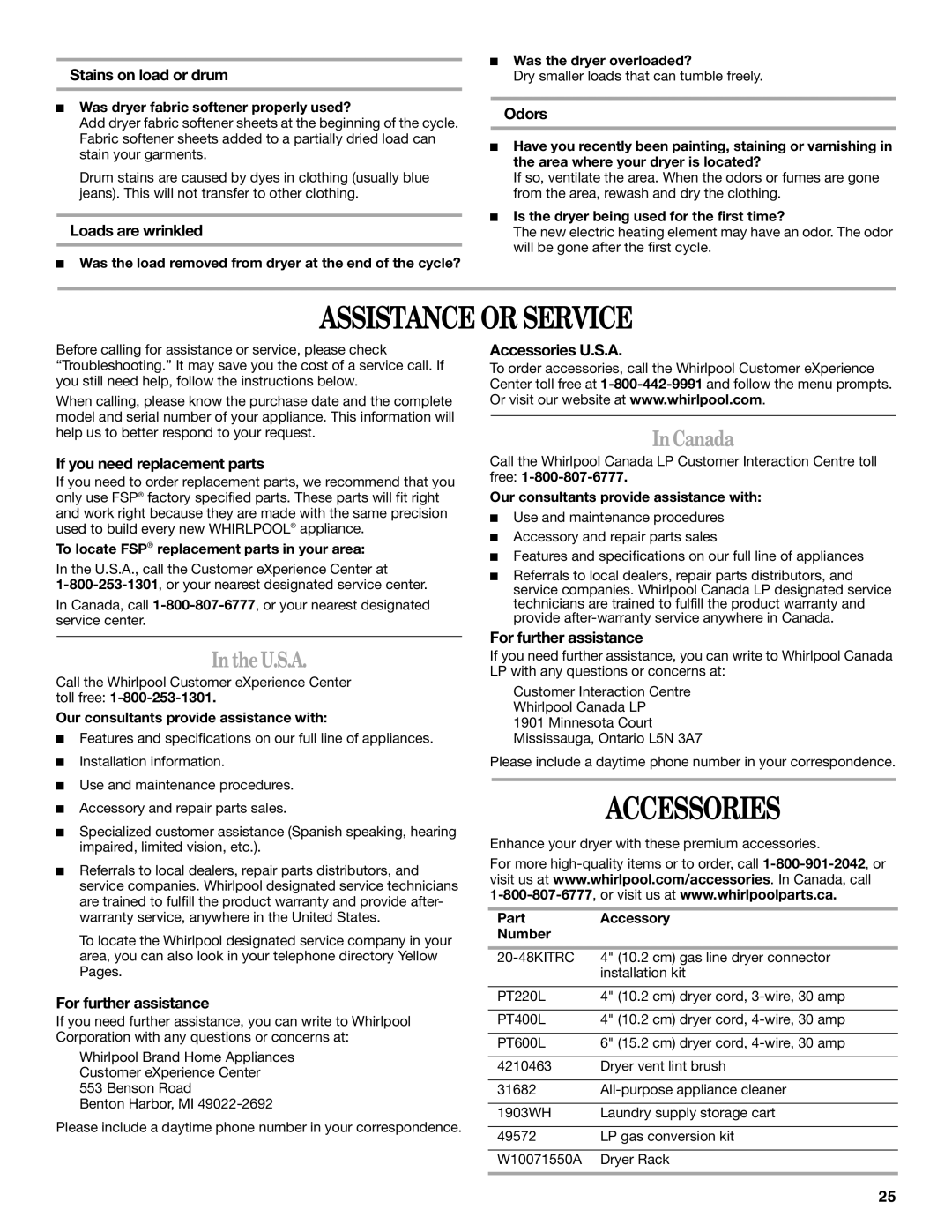 Whirlpool W10151492A manual Assistance or Service, Accessories, IntheU.S.A, InCanada 