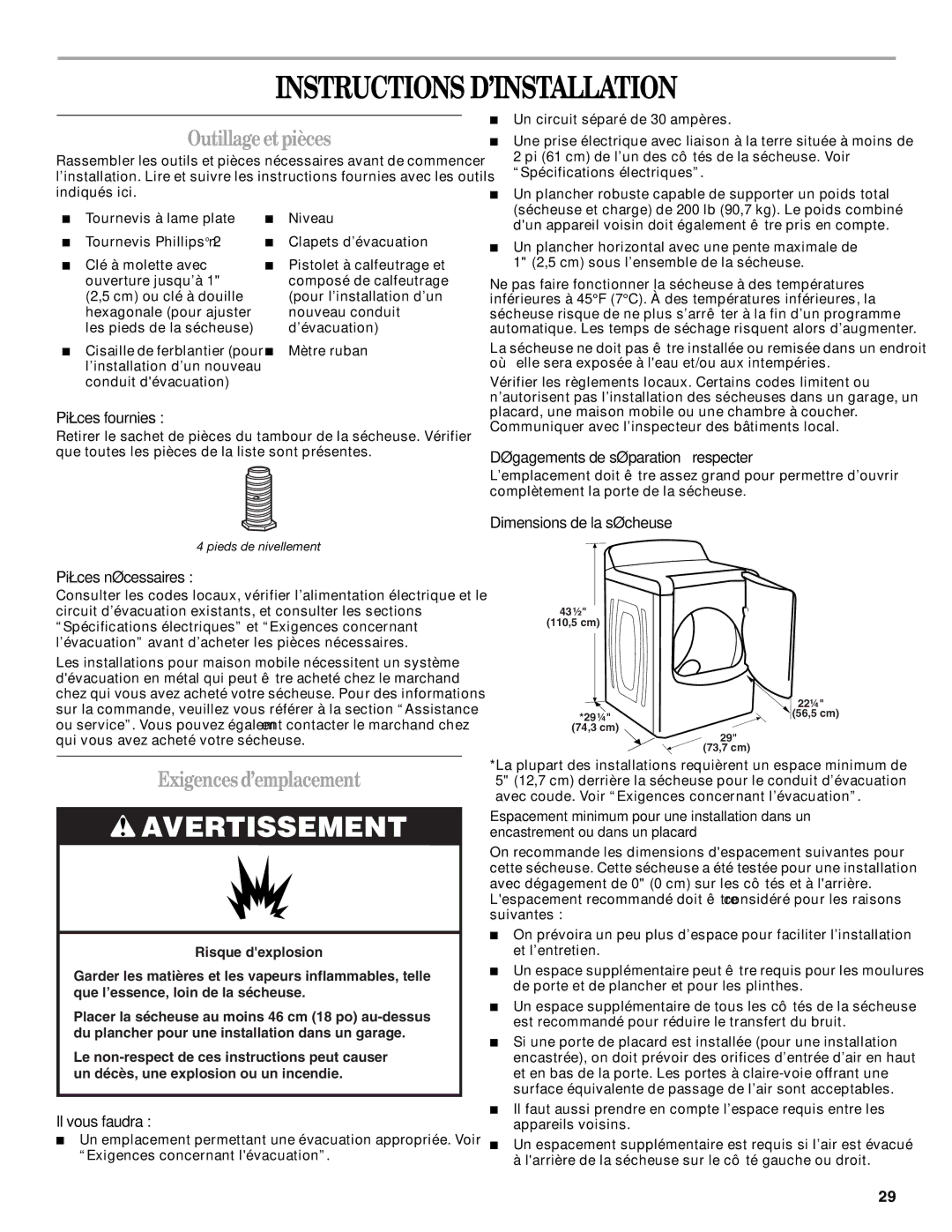 Whirlpool W10151492A manual Instructions D’INSTALLATION, Outillageetpièces, Exigences d’emplacement 