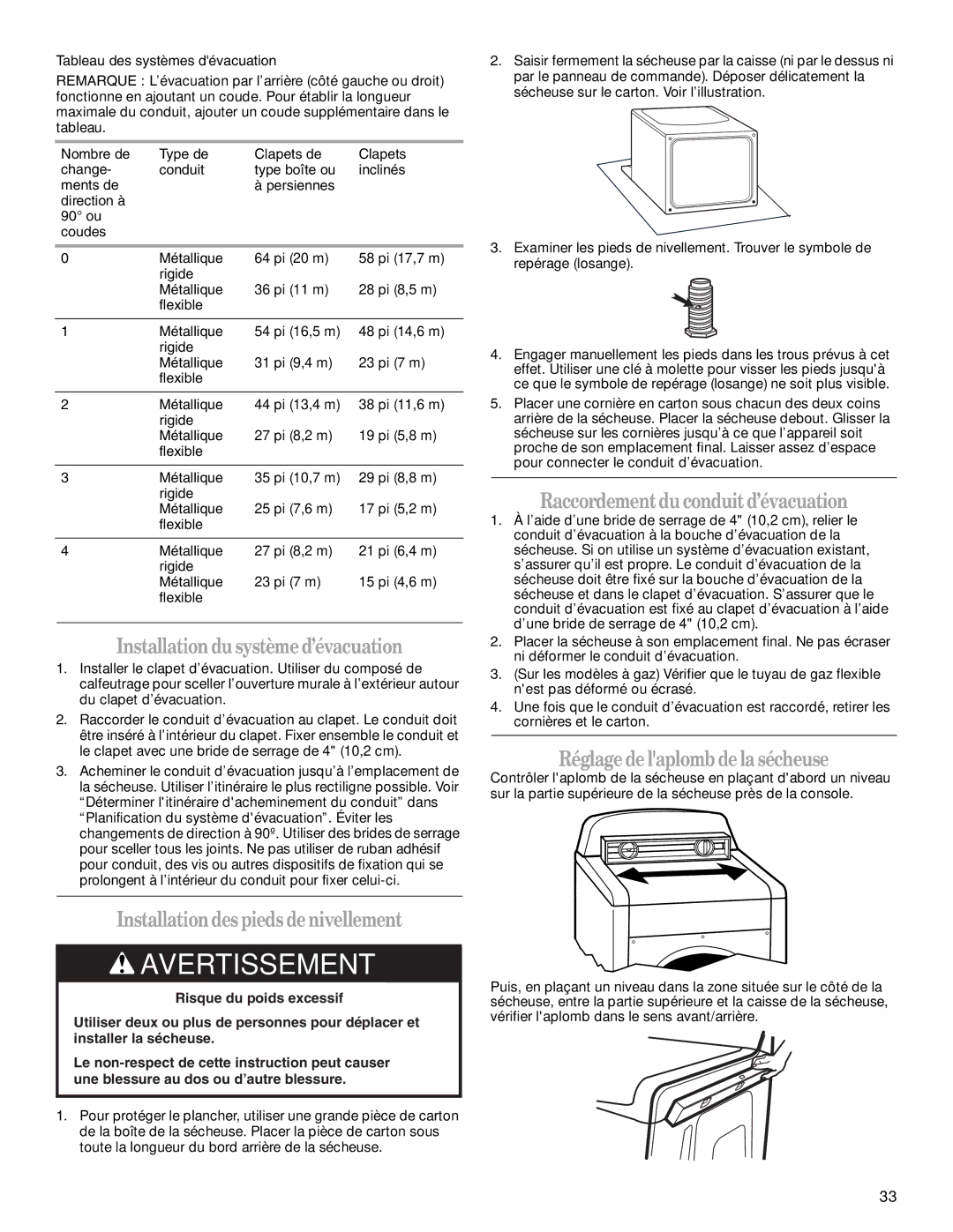 Whirlpool W10151492A Installationdusystèmed’évacuation, Installationdespiedsdenivellement, Réglagedelaplomb dela sécheuse 