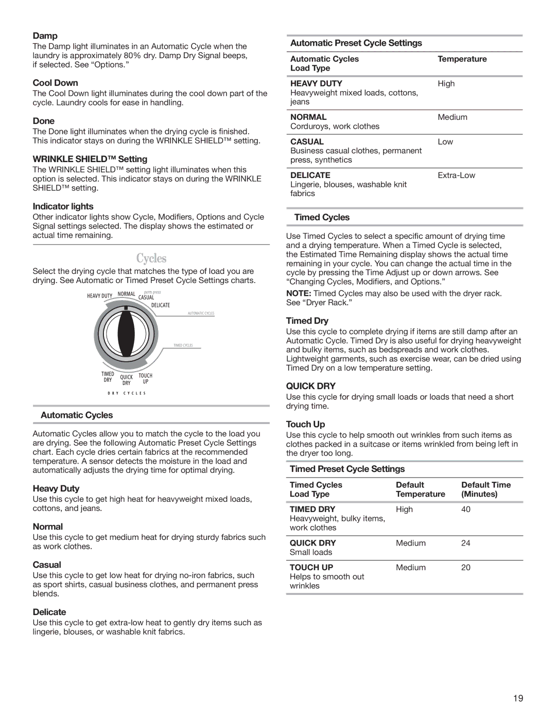 Whirlpool W10151493B, W10151492B manual Cycles 