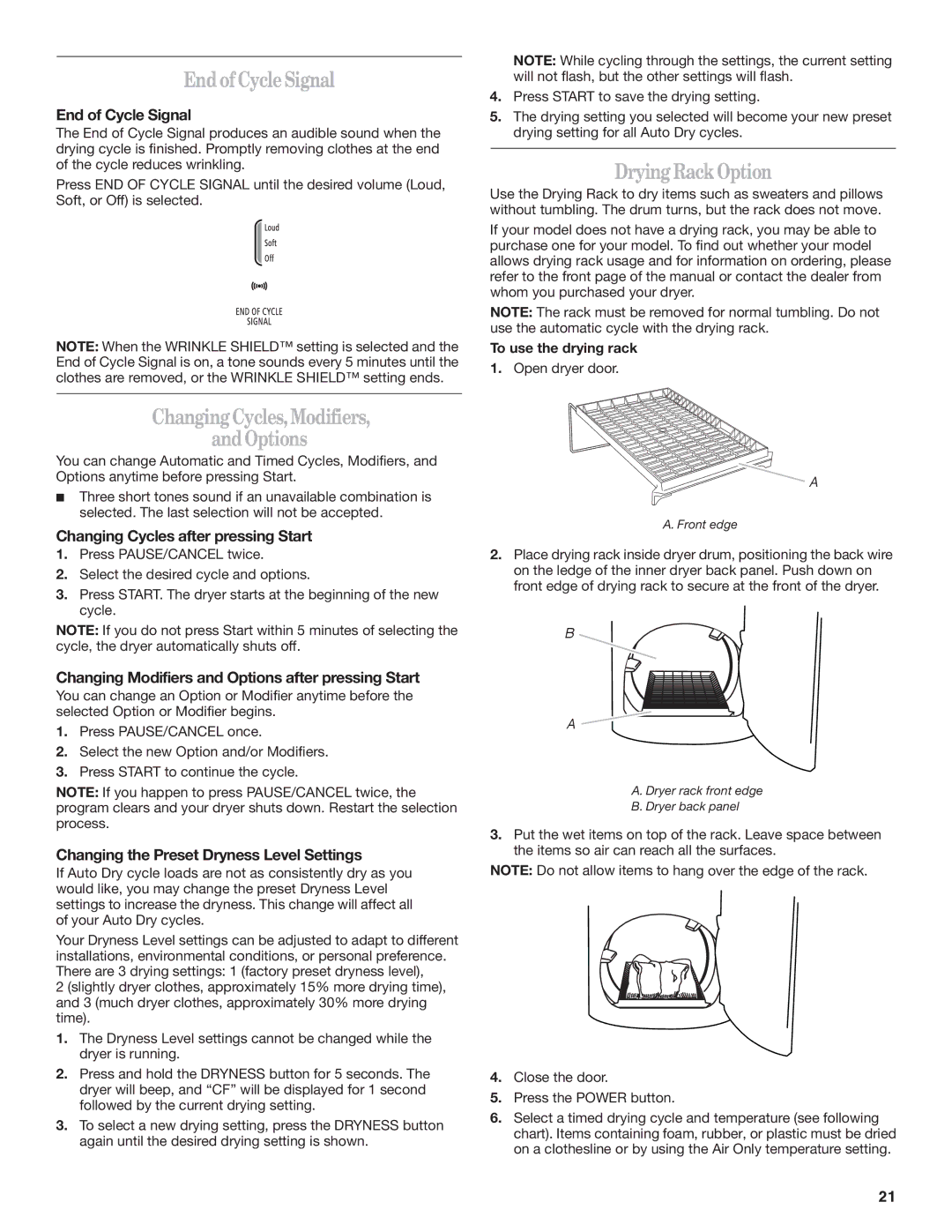 Whirlpool W10151493B, W10151492B manual EndofCycleSignal, DryingRackOption 