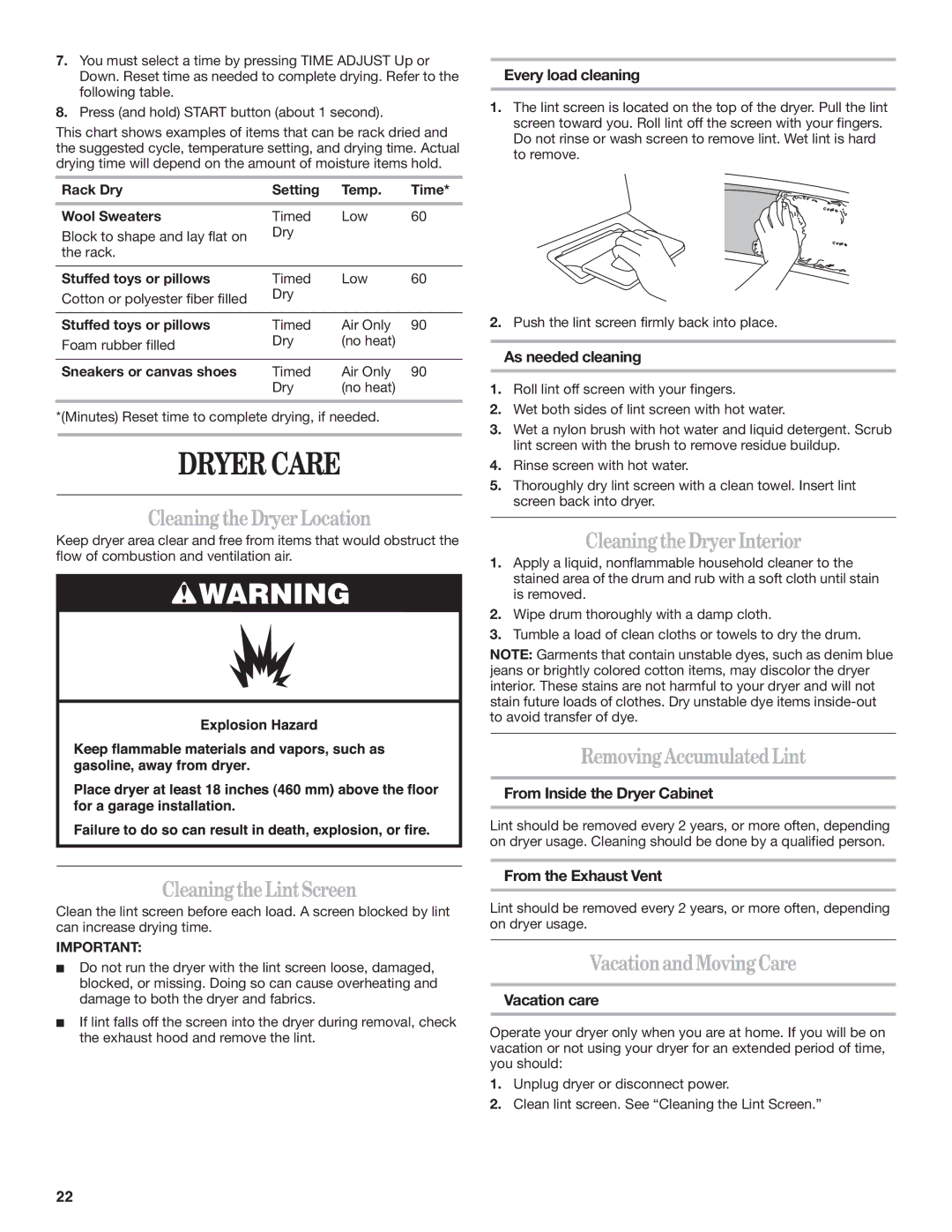 Whirlpool W10151492B, W10151493B manual Dryer Care 