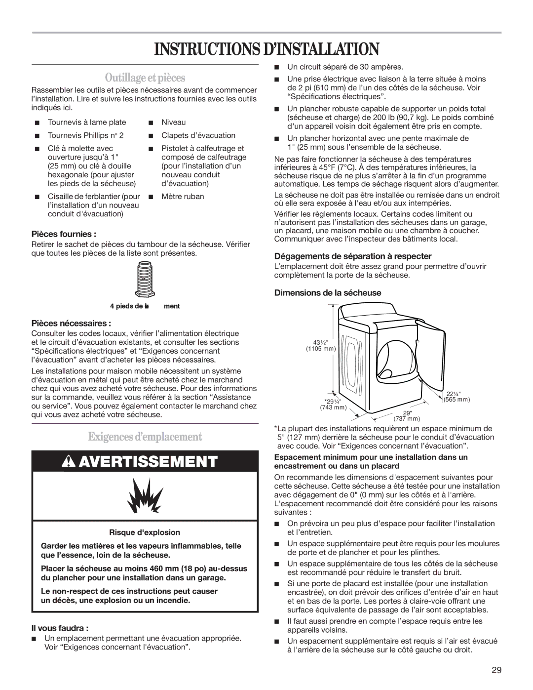 Whirlpool W10151493B, W10151492B manual Instructions D’INSTALLATION, Outillageetpièces, Exigencesd’emplacement 