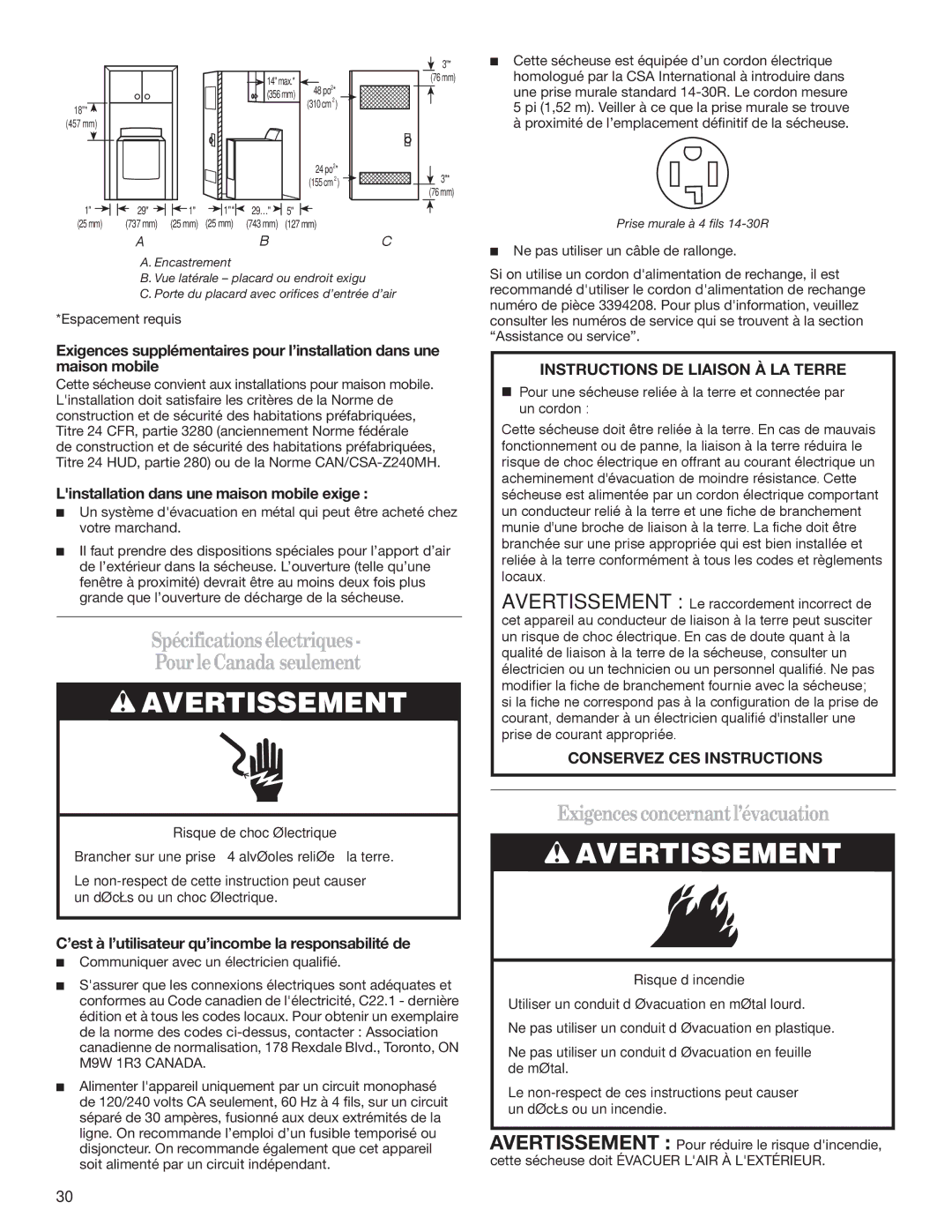 Whirlpool W10151492B, W10151493B Spécifications électriques Pour le Canada seulement, Exigencesconcernant l’évacuation 