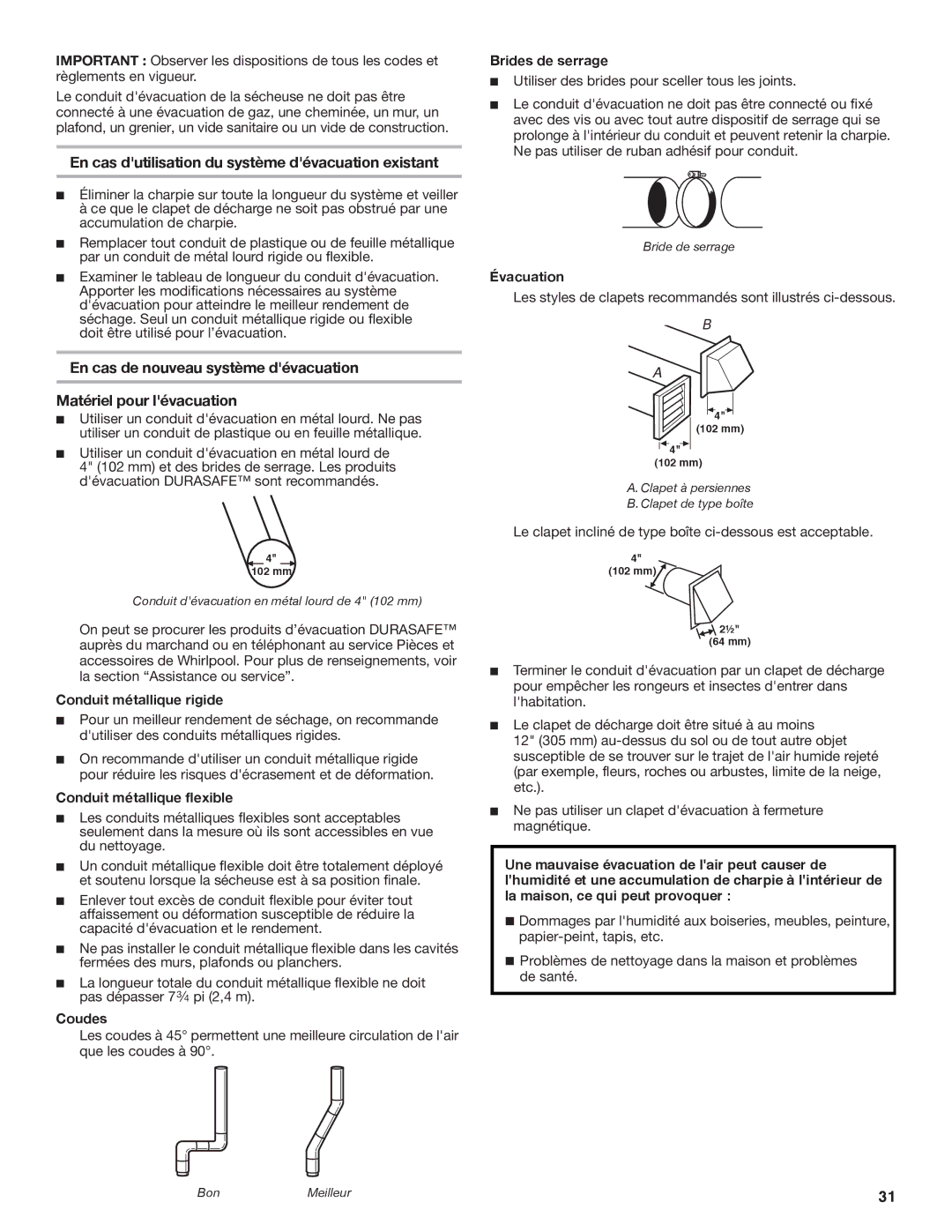 Whirlpool W10151493B, W10151492B manual En cas dutilisation du système dévacuation existant 