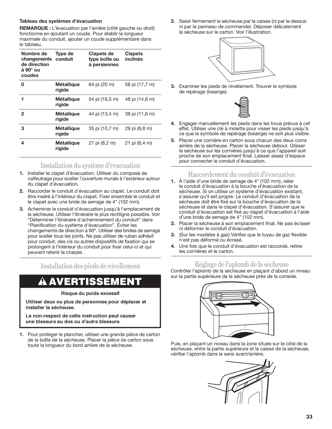 Whirlpool W10151493B, W10151492B manual Installation dusystème d’évacuation, Installation des pieds de nivellement 