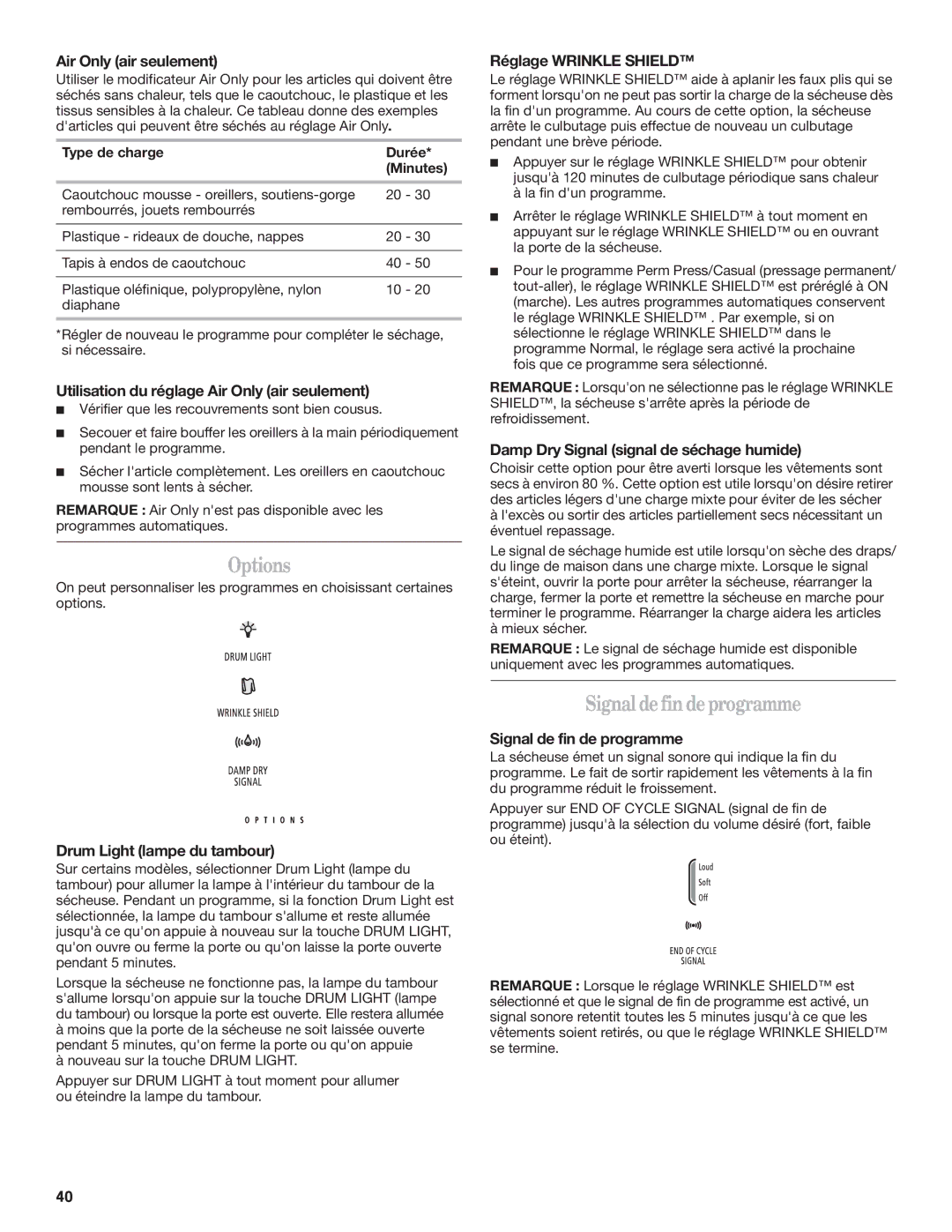 Whirlpool W10151492B, W10151493B manual Signal de fin de programme 