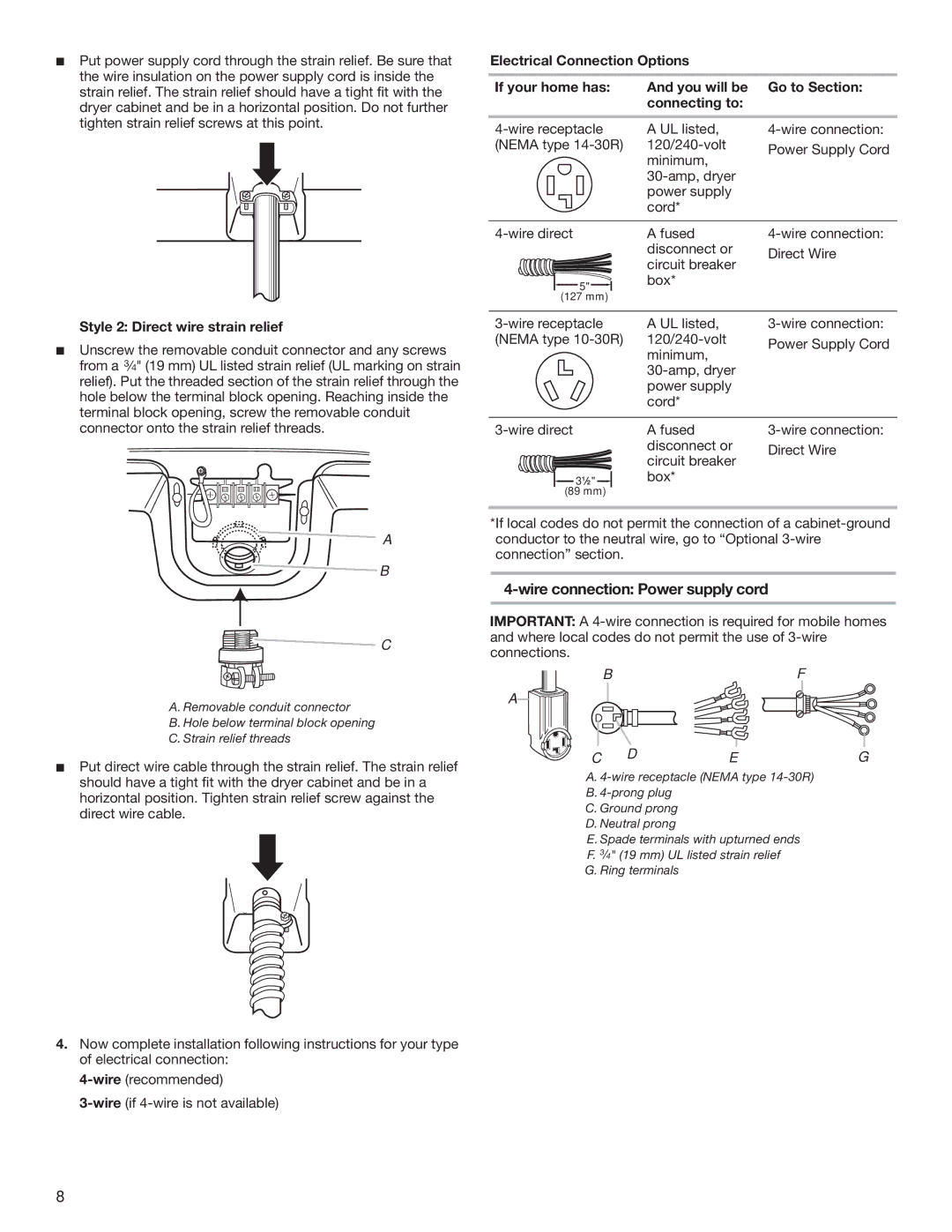 Whirlpool W10151492B, W10151493B manual Wire connection Power supply cord, Style 2 Direct wire strain relief 