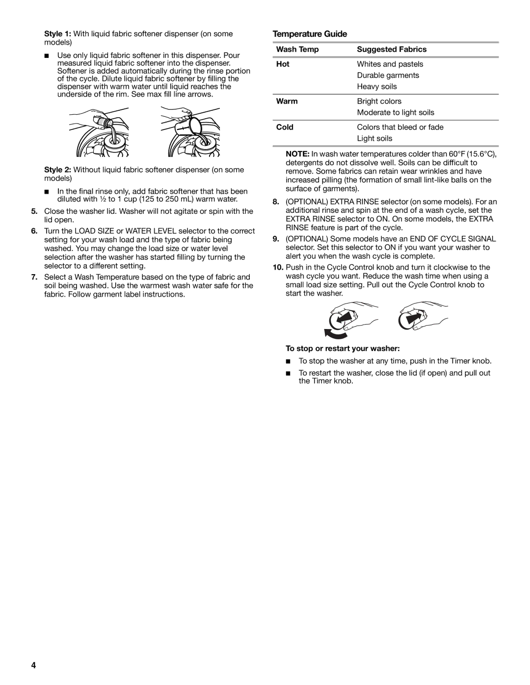 Whirlpool W10151598A Temperature Guide, Wash Temp Suggested Fabrics Hot, Warm, Cold, To stop or restart your washer 