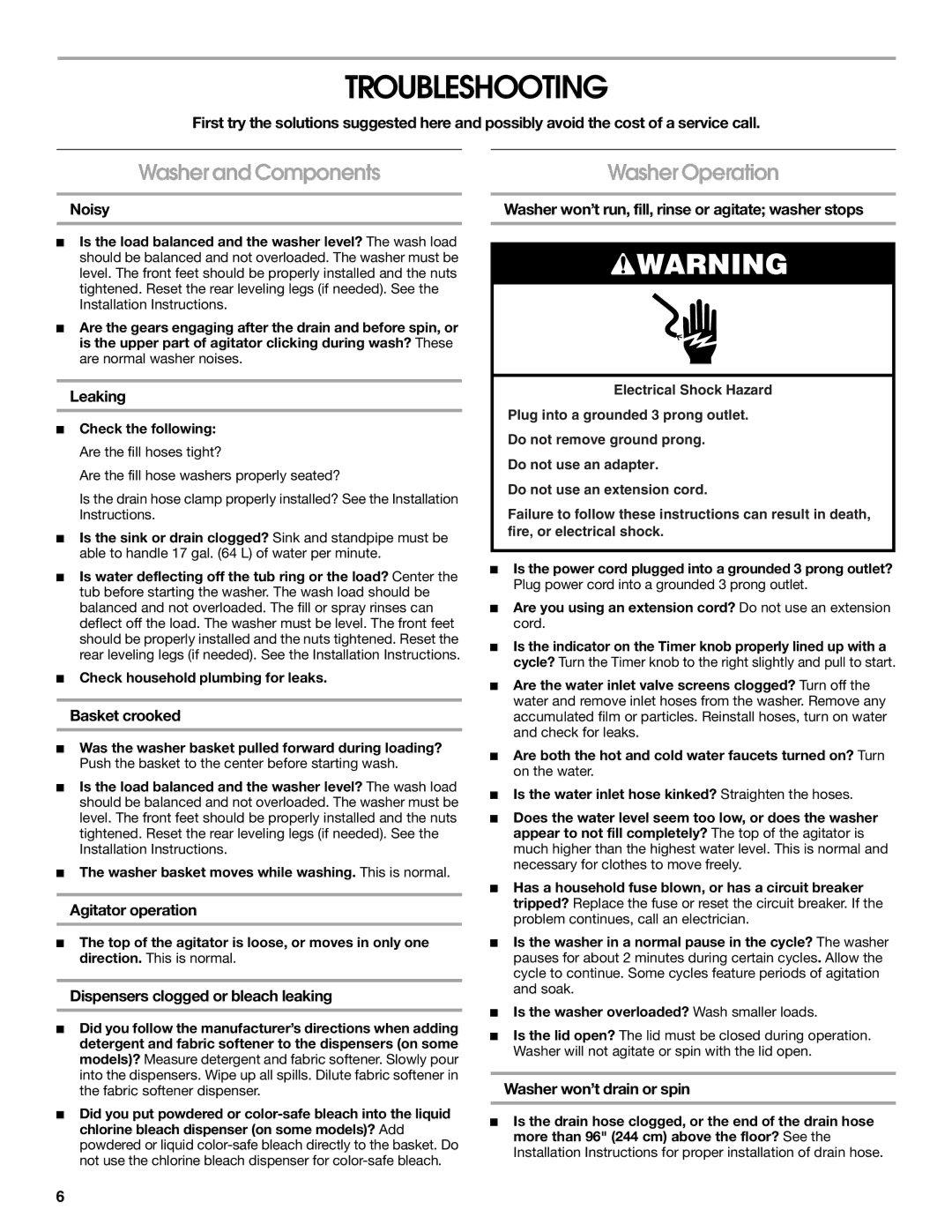 Whirlpool W10151598A warranty Troubleshooting, Washer and Components, Washer Operation 