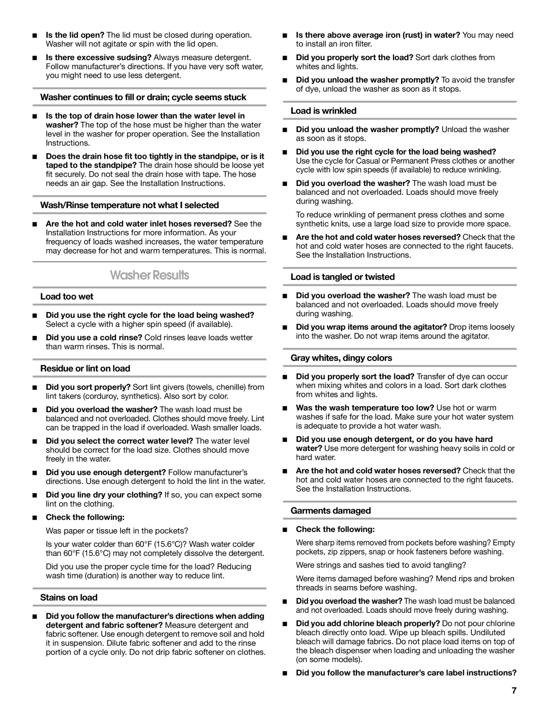 Whirlpool W10151598A warranty Washer Results 