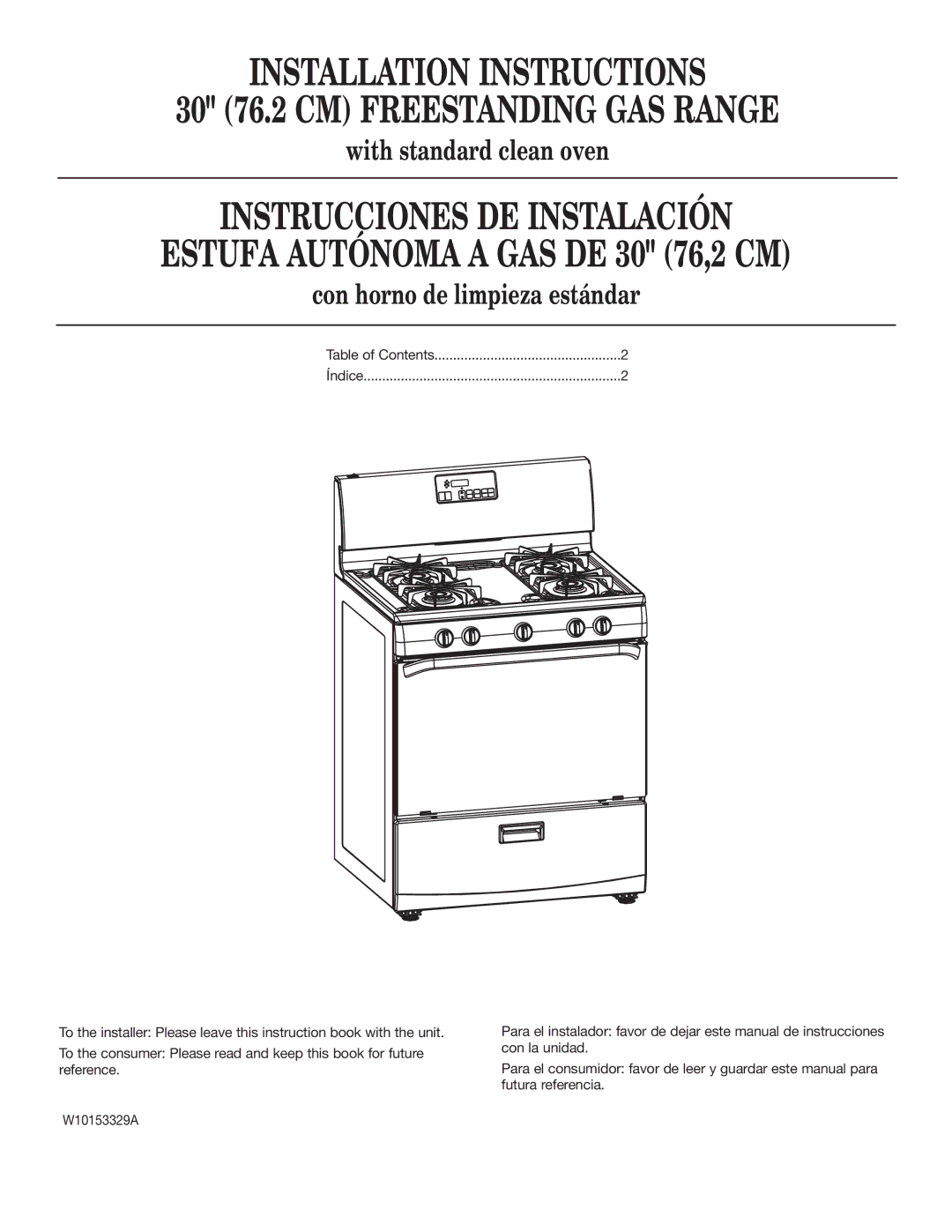 Whirlpool W10153329A installation instructions Installation Instructions 30 76.2 CM Freestanding GAS Range 