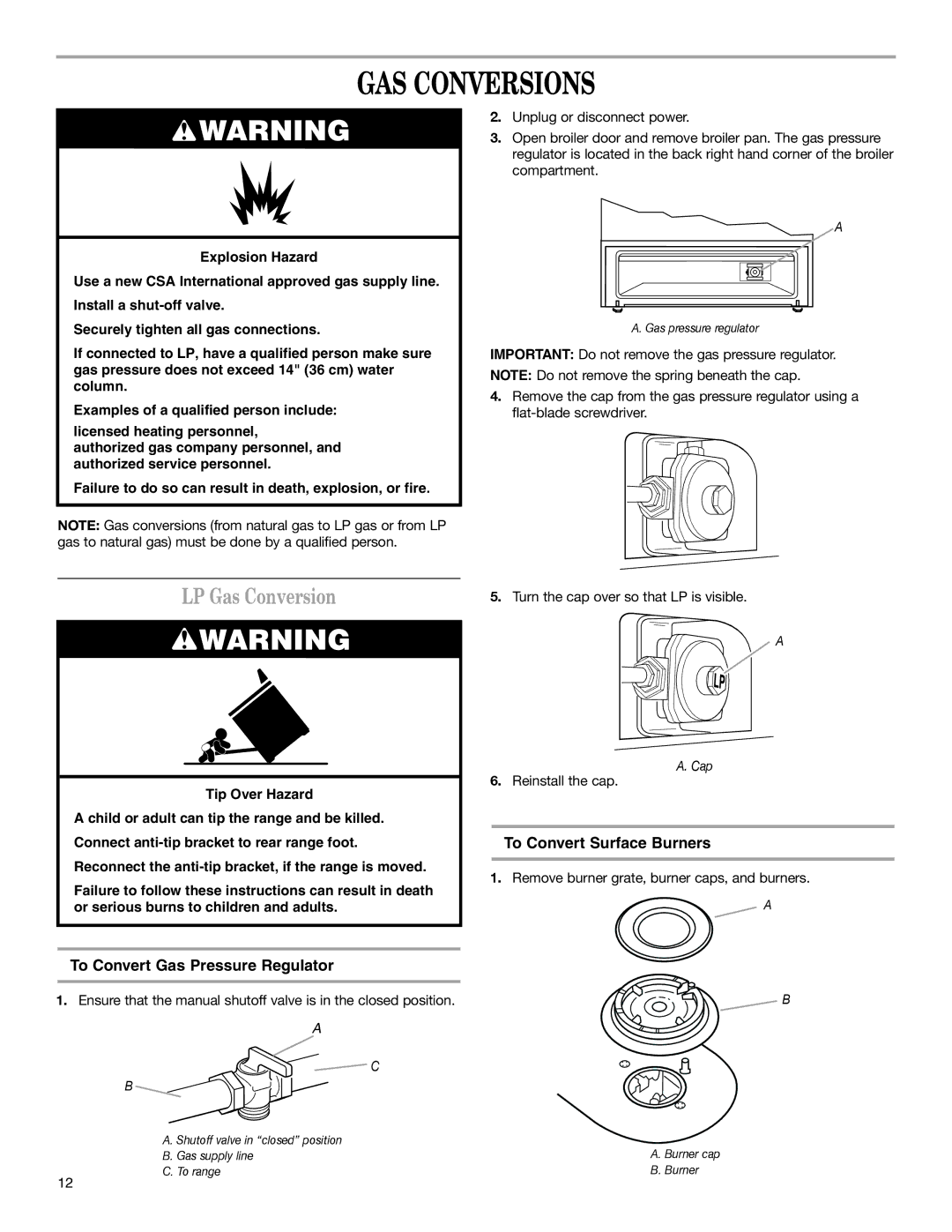 Whirlpool W10153329A GAS Conversions, LP Gas Conversion, To Convert Gas Pressure Regulator, To Convert Surface Burners 