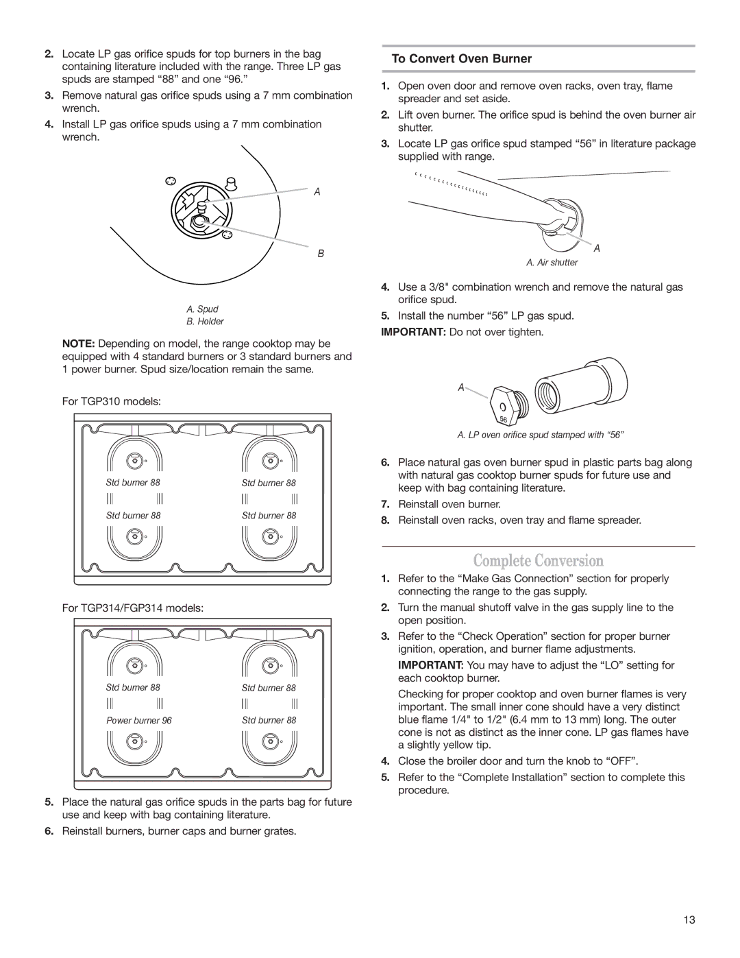 Whirlpool W10153329A installation instructions Complete Conversion, To Convert Oven Burner, For TGP310 models 