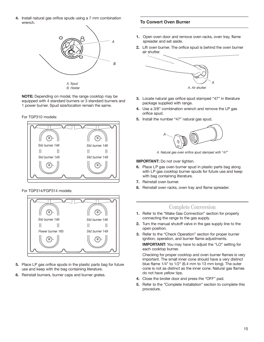 Whirlpool W10153329A installation instructions Natural gas oven orifice spud stamped with 