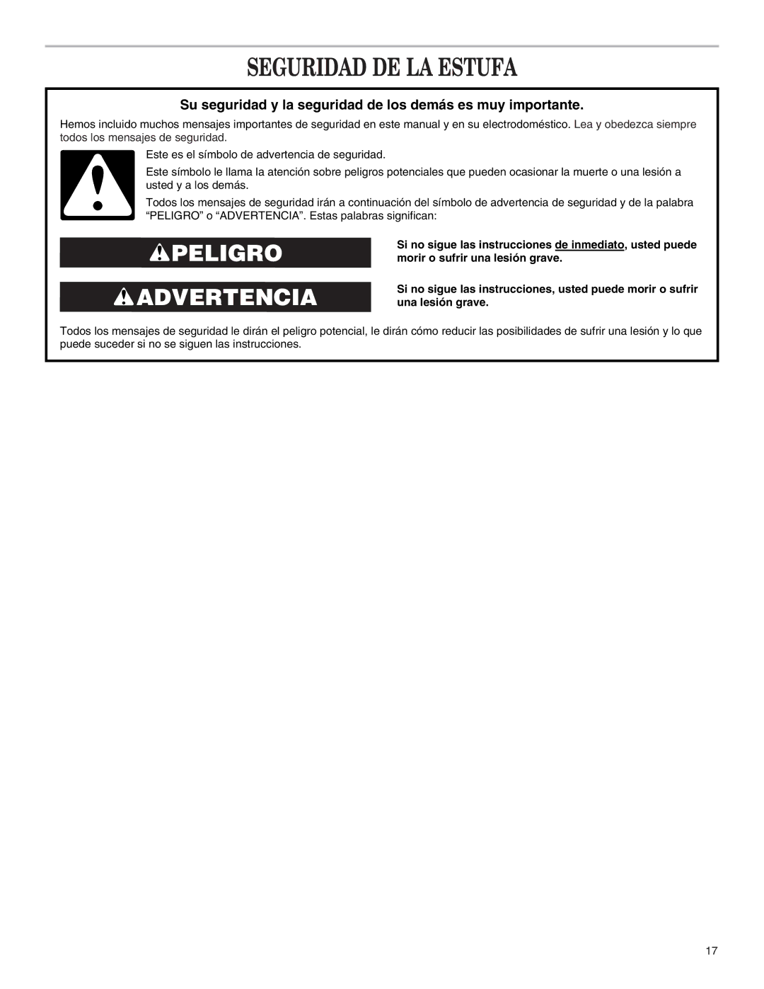 Whirlpool W10153329A Seguridad DE LA Estufa, Su seguridad y la seguridad de los demás es muy importante 