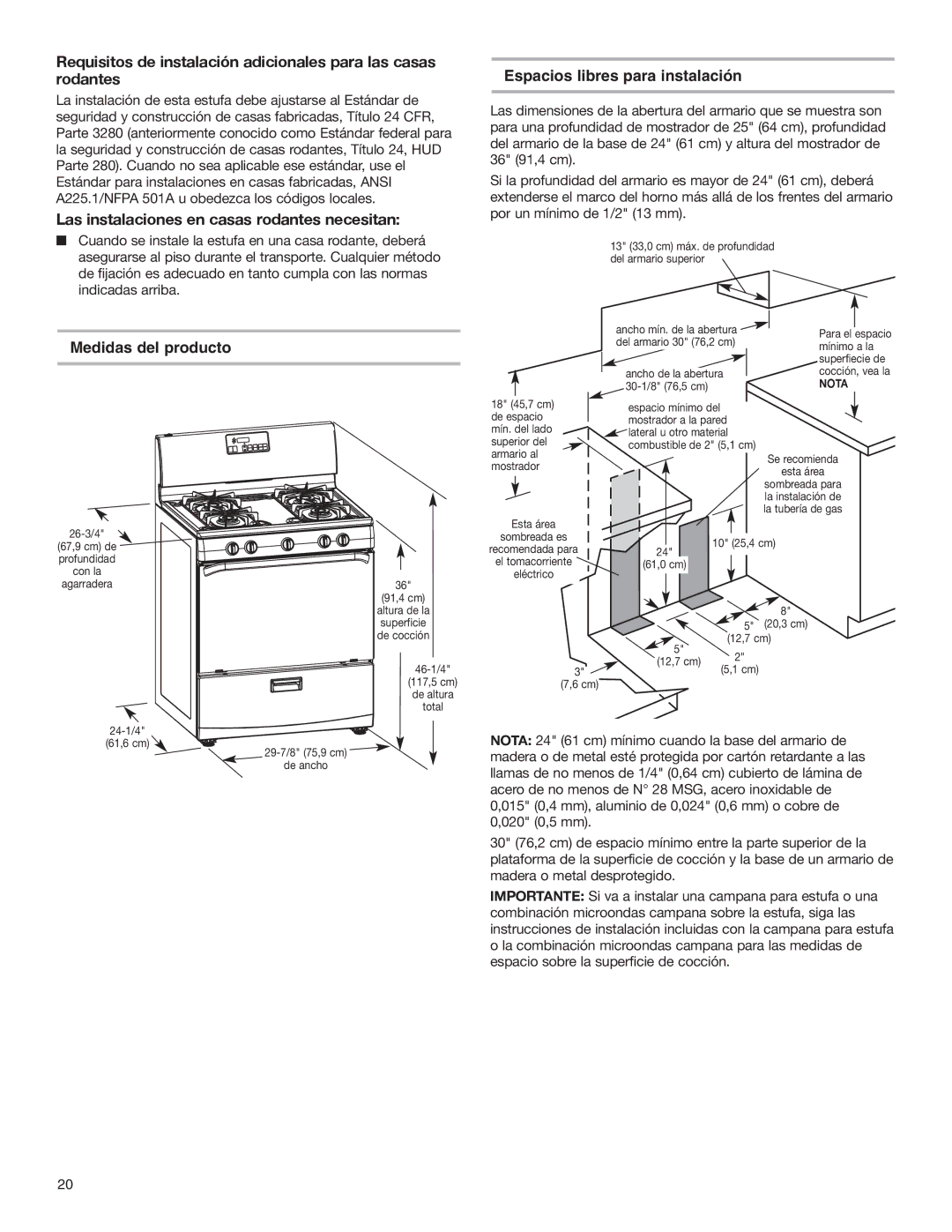 Whirlpool W10153329A Las instalaciones en casas rodantes necesitan, Espacios libres para instalación, Medidas del producto 