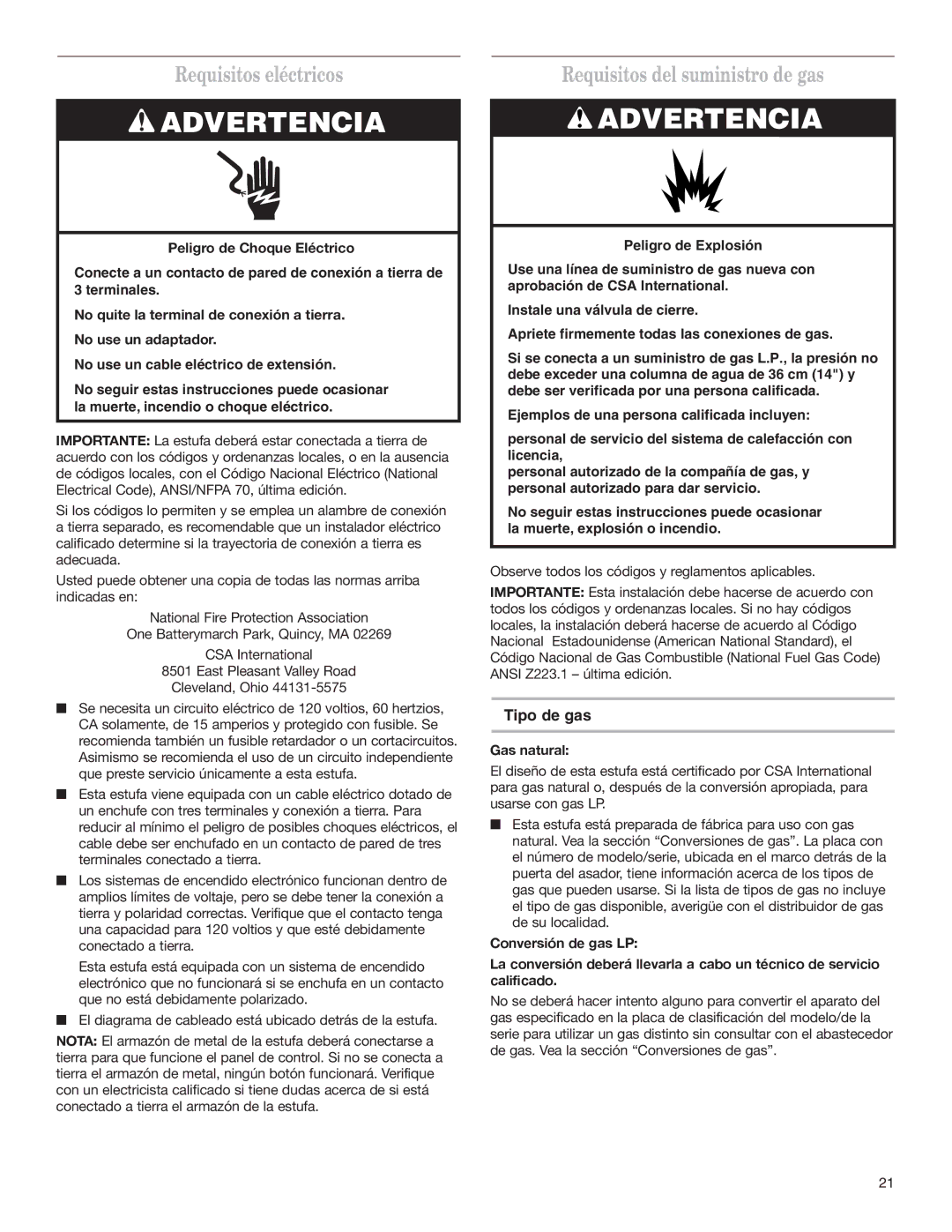 Whirlpool W10153329A Requisitos eléctricos, Requisitos del suministro de gas, Tipo de gas, Gas natural 