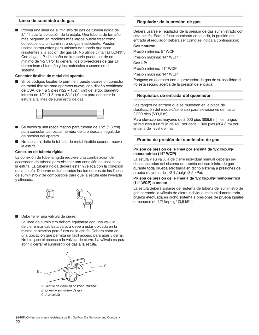 Whirlpool W10153329A Línea de suministro de gas, Regulador de la presión de gas, Requisitos de entrada del quemador 