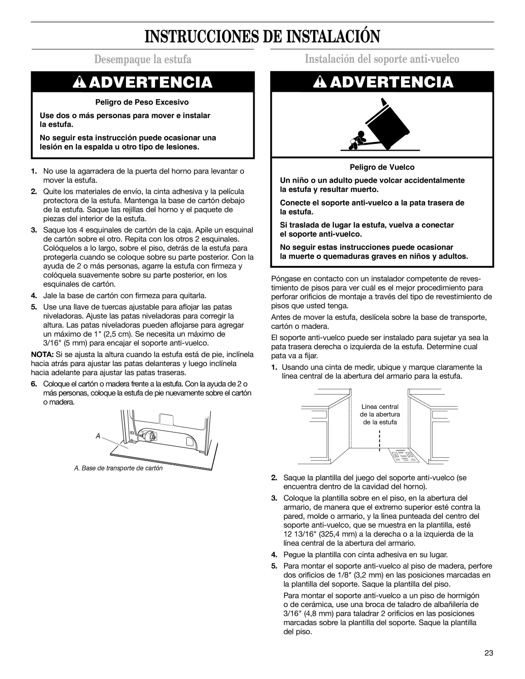 Whirlpool W10153329A Instrucciones DE Instalación, Desempaque la estufa, Instalación del soporte anti-vuelco 