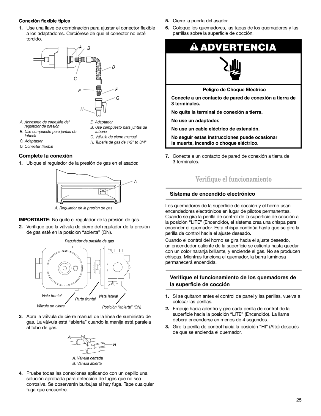 Whirlpool W10153329A Verifique el funcionamiento, Complete la conexión, Sistema de encendido electrónico 