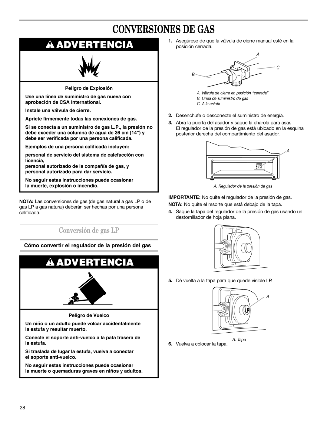 Whirlpool W10153329A Conversiones DE GAS, Conversión de gas LP, Cómo convertir el regulador de la presión del gas 