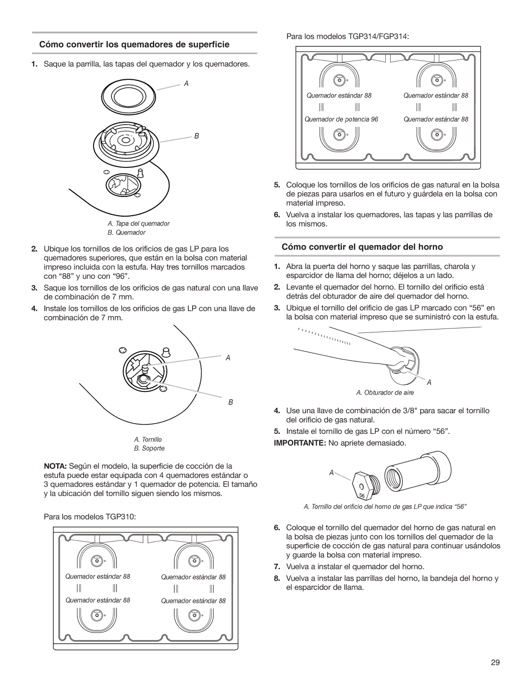 Whirlpool W10153329A Cómo convertir los quemadores de superficie, Cómo convertir el quemador del horno 