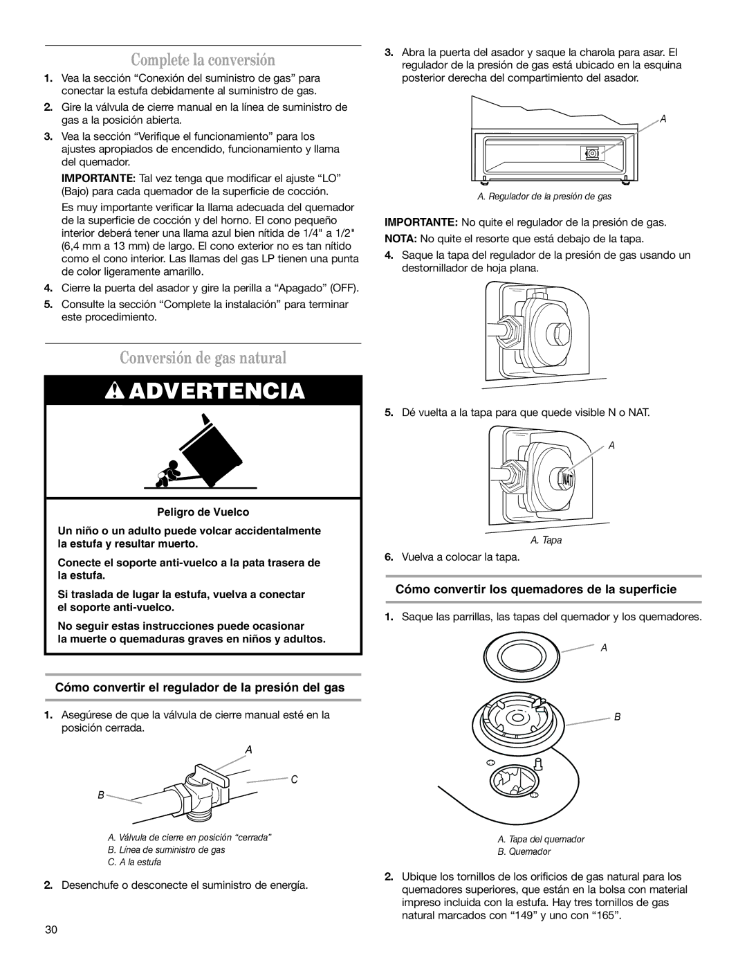 Whirlpool W10153329A Complete la conversión, Conversión de gas natural, Cómo convertir los quemadores de la superficie 