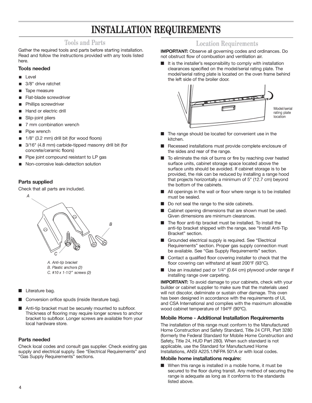 Whirlpool W10153329A installation instructions Installation Requirements, Tools and Parts, Location Requirements 