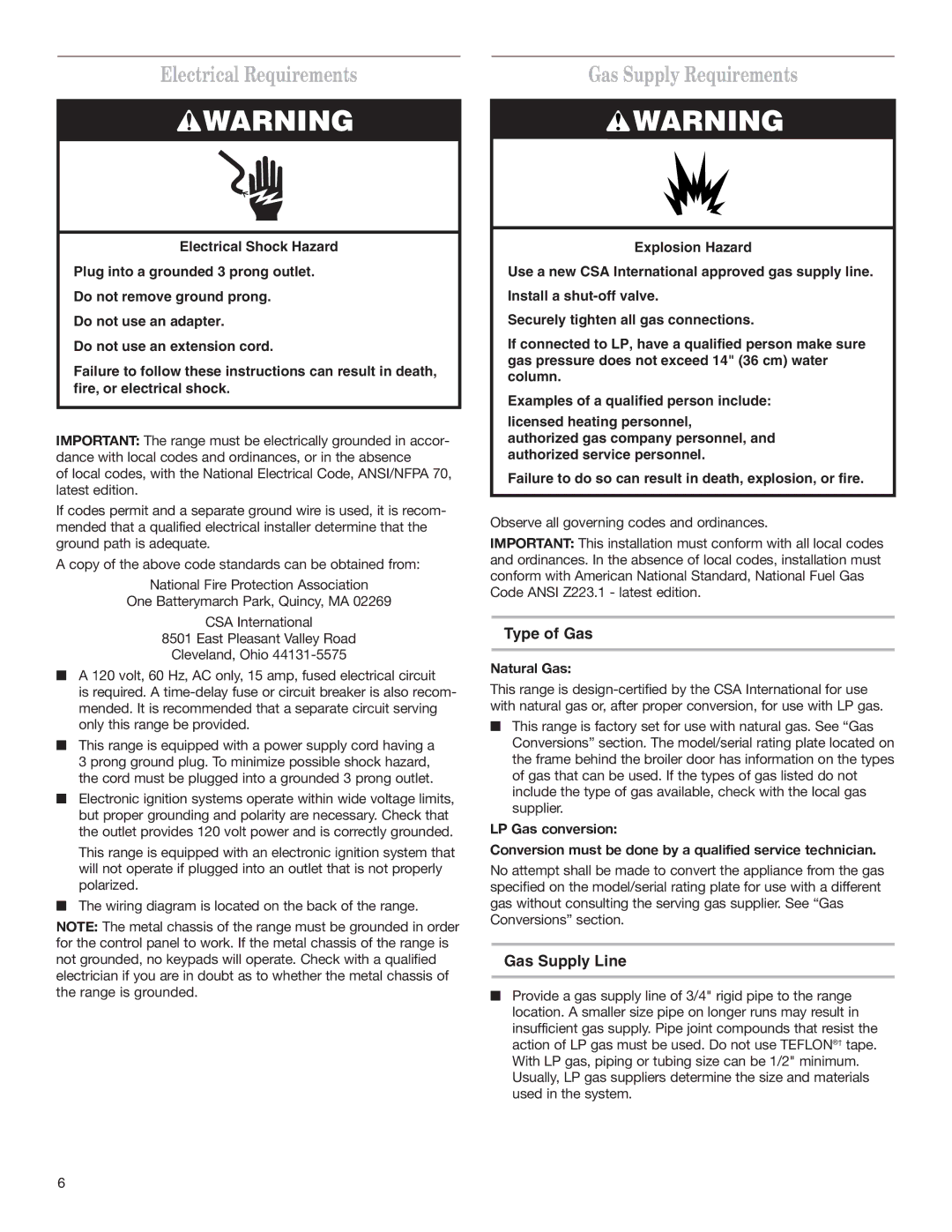 Whirlpool W10153329A Electrical Requirements, Gas Supply Requirements, Type of Gas, Gas Supply Line, Natural Gas 