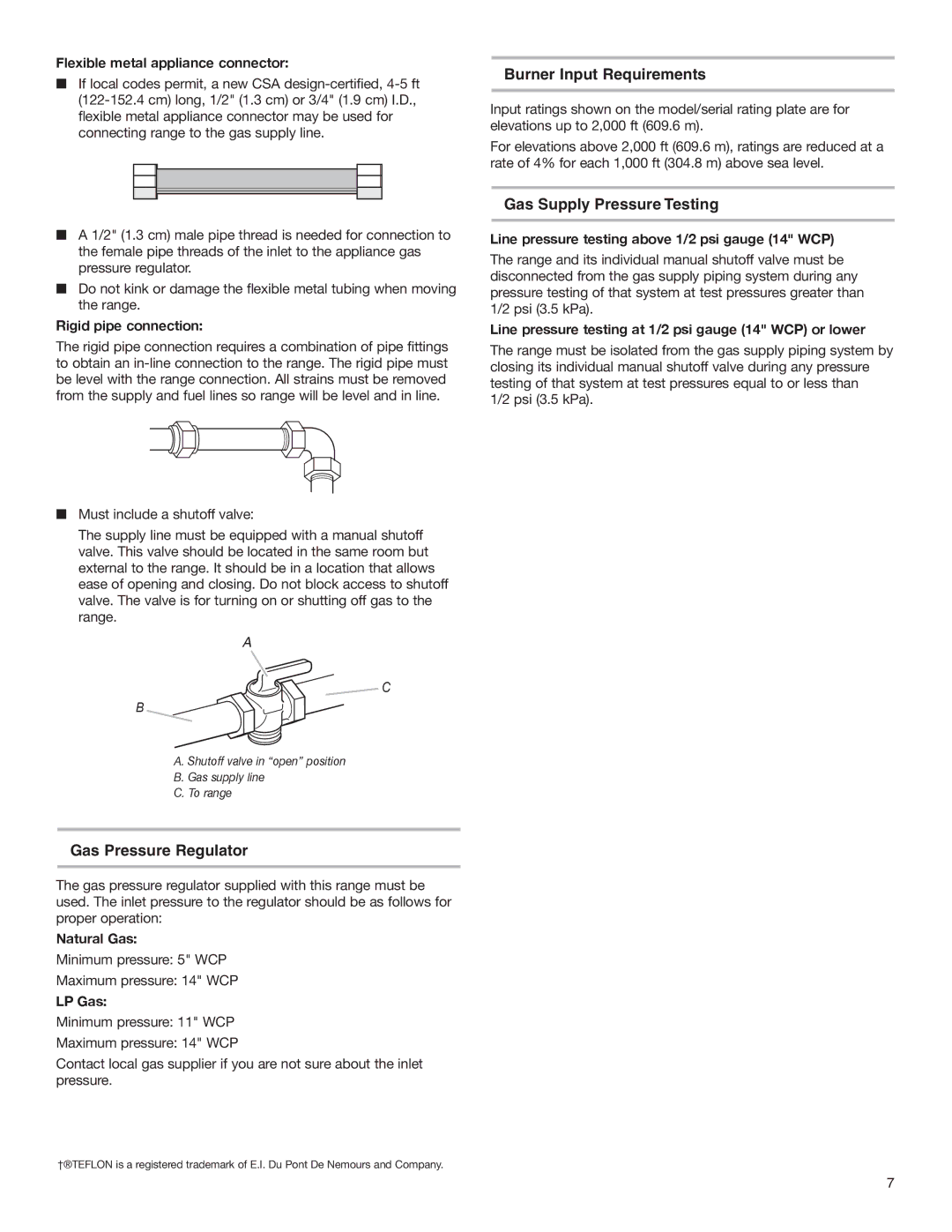 Whirlpool W10153329A Burner Input Requirements, Gas Supply Pressure Testing, Gas Pressure Regulator 