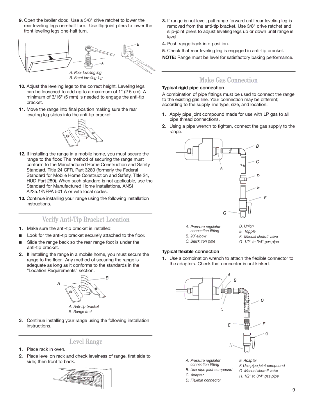 Whirlpool W10153329A Verify Anti-Tip Bracket Location, Level Range, Make Gas Connection, Typical rigid pipe connection 