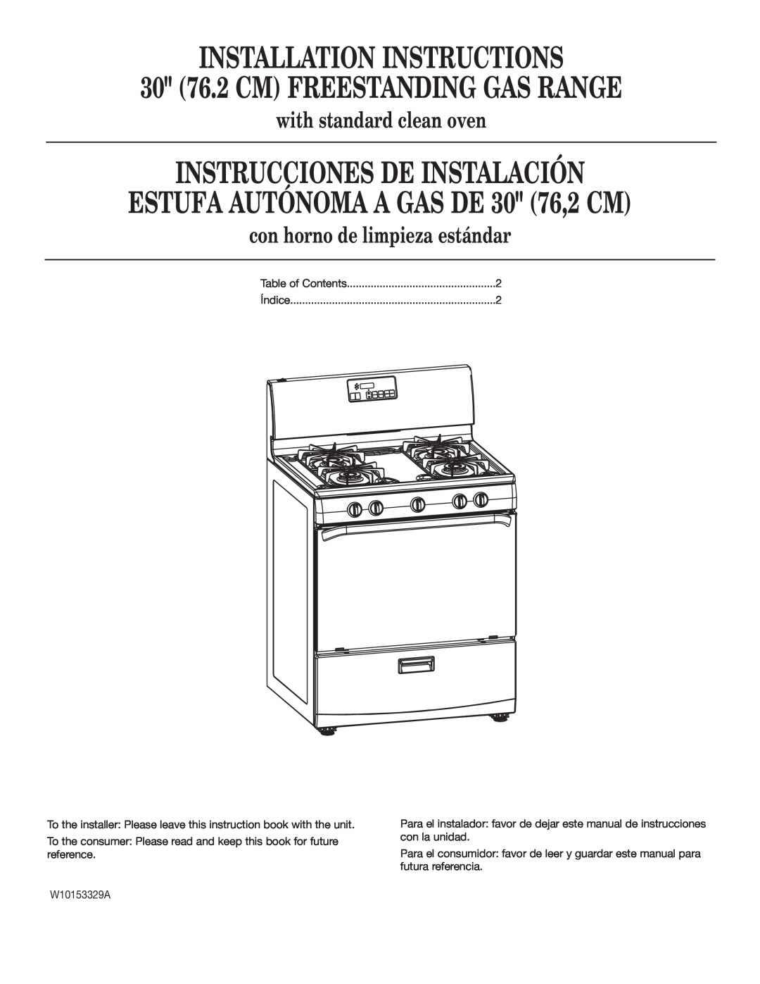 Whirlpool W10153329A installation instructions with standard clean oven, con horno de limpieza estándar 
