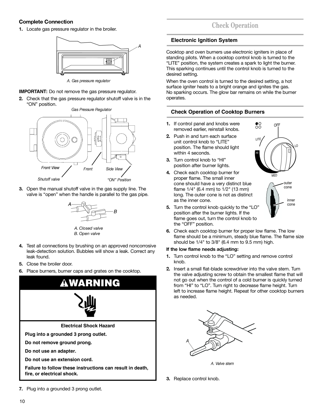 Whirlpool W10153329A Complete Connection, Electronic Ignition System, Check Operation of Cooktop Burners 