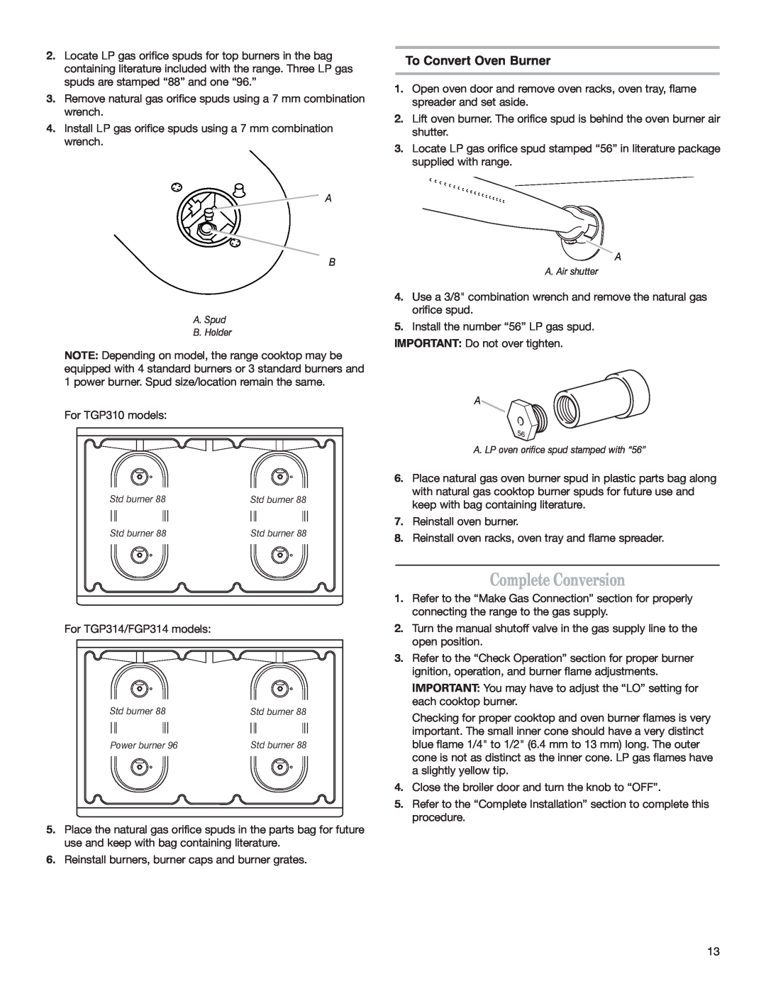 Whirlpool W10153329A installation instructions Complete Conversion, To Convert Oven Burner 