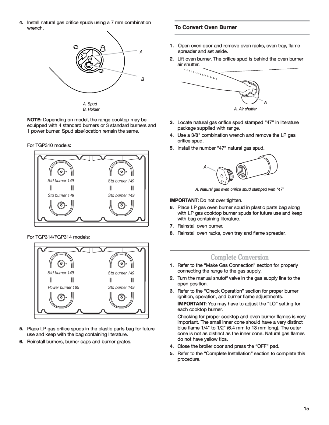 Whirlpool W10153329A installation instructions Complete Conversion, To Convert Oven Burner 
