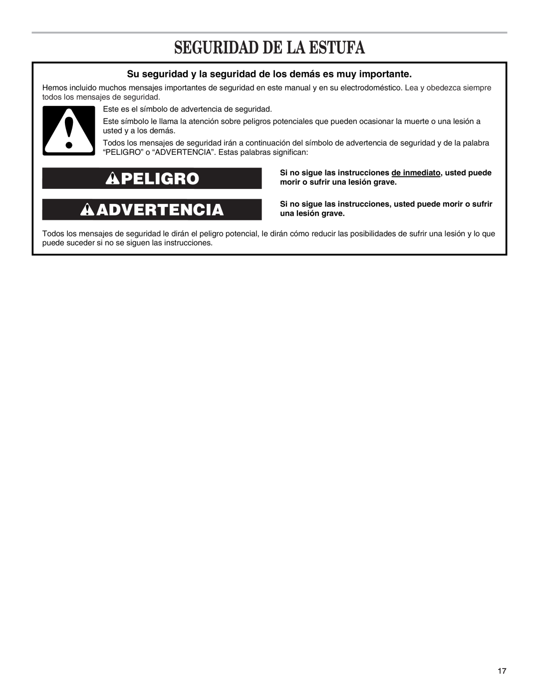Whirlpool W10153329A installation instructions Seguridad De La Estufa, Peligro Advertencia 