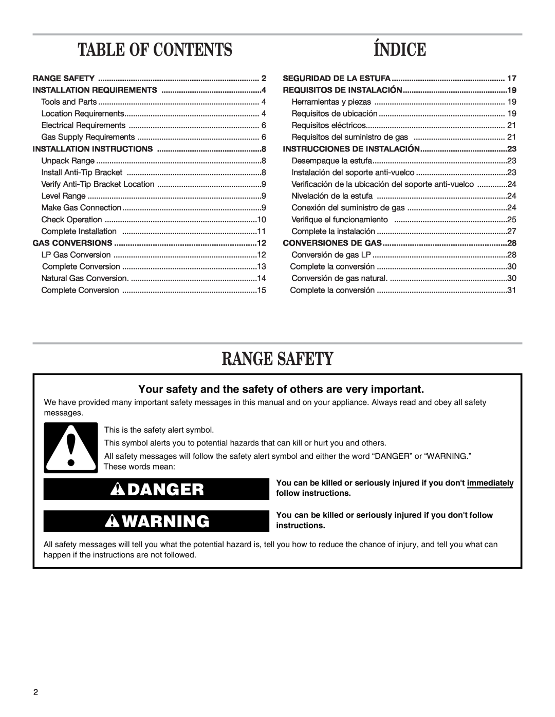 Whirlpool W10153329A Índice, Range Safety, Table Of Contents, Danger, Seguridad De La Estufa, Installation Requirements 