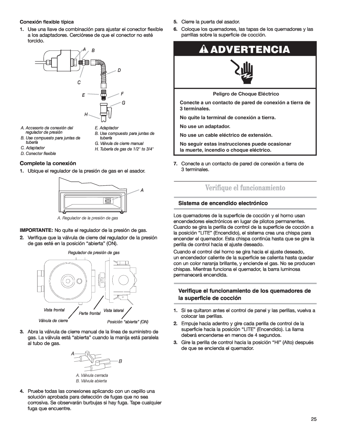 Whirlpool W10153329A Verifique el funcionamiento, Advertencia, Complete la conexión, Sistema de encendido electrónico 