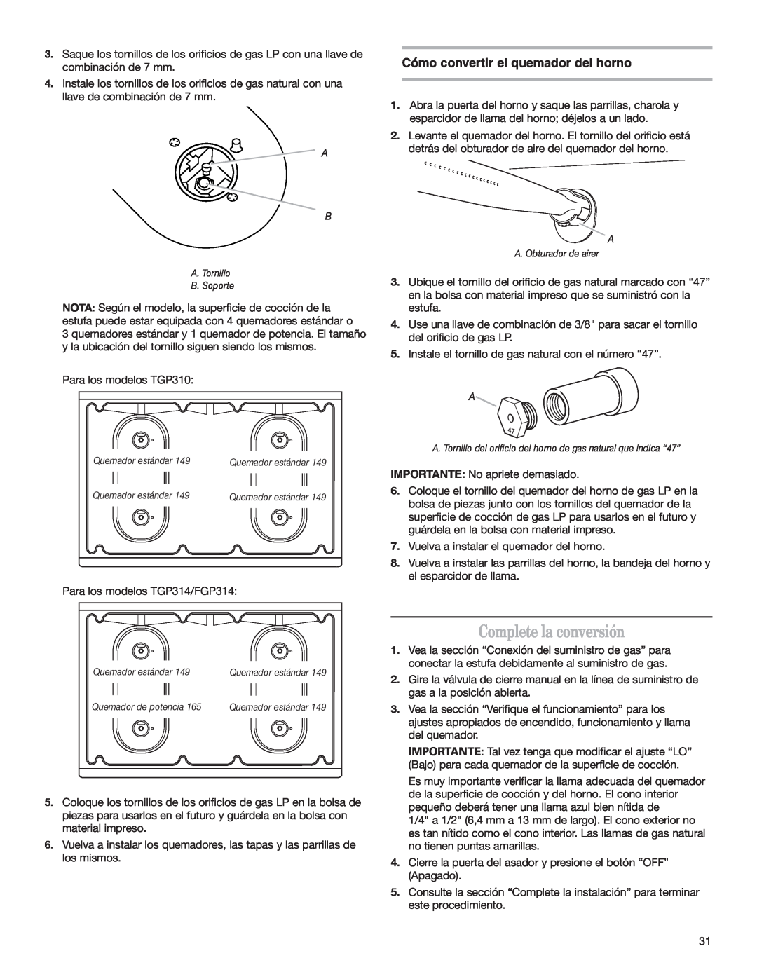 Whirlpool W10153329A installation instructions Complete la conversión, Cómo convertir el quemador del horno 