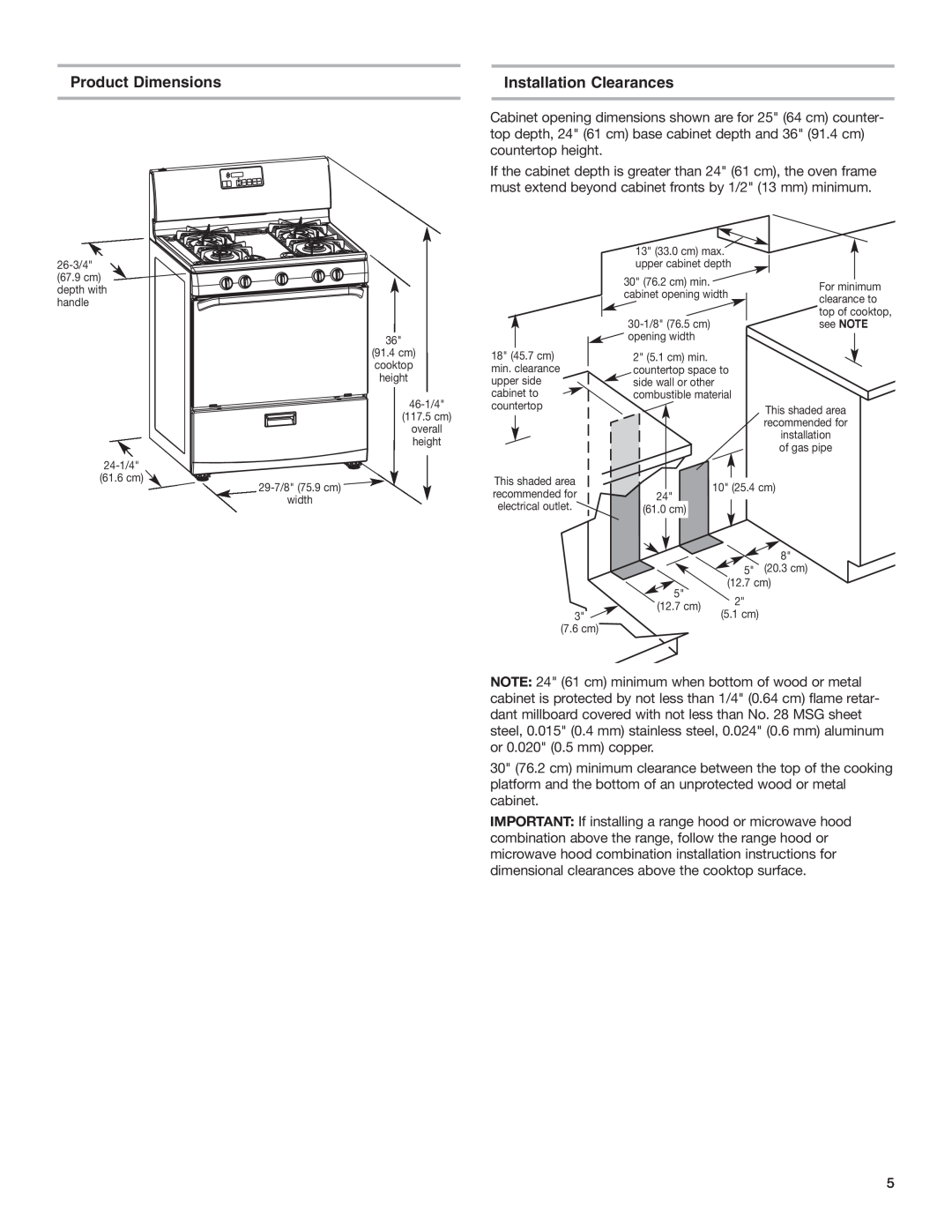 Whirlpool W10153329A installation instructions Product Dimensions, Installation Clearances 