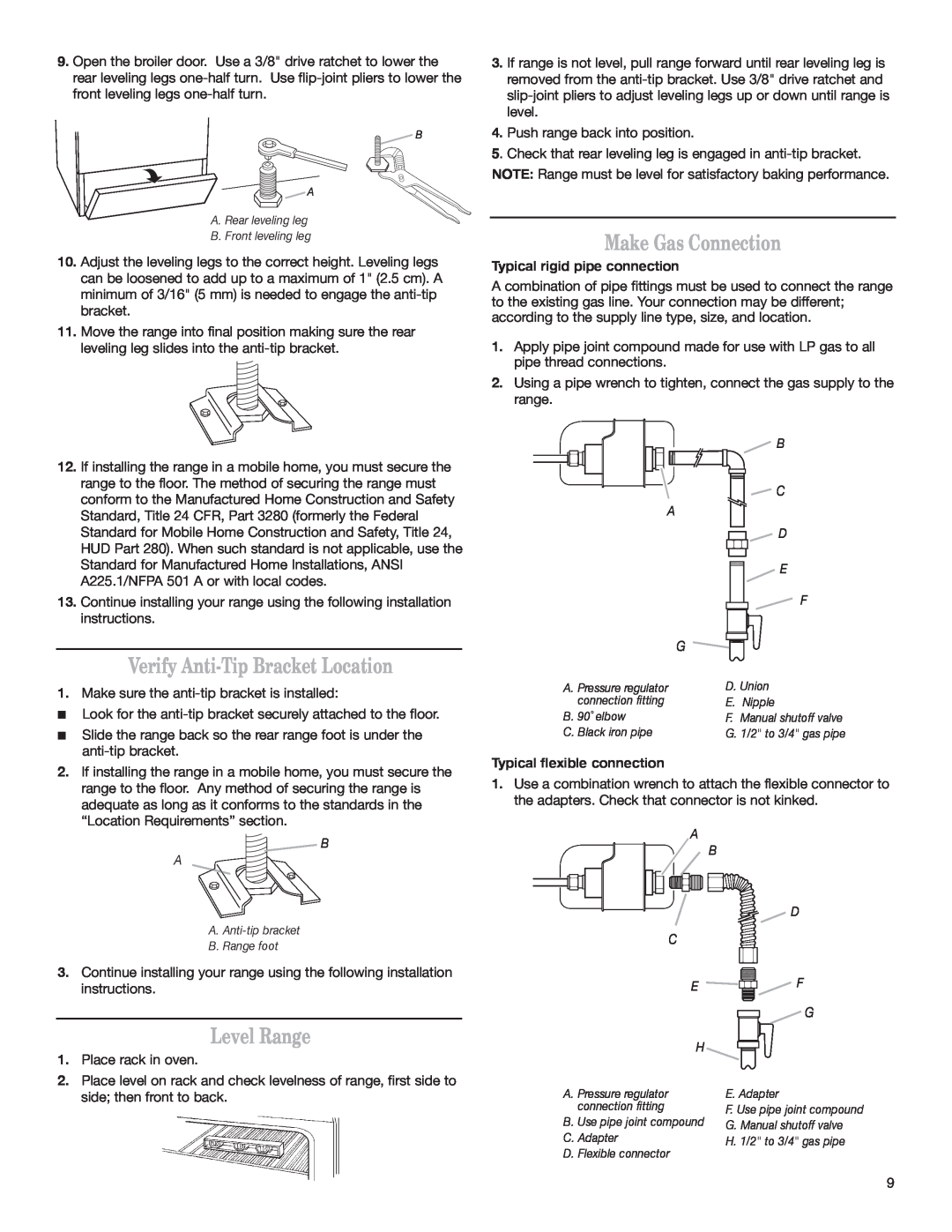 Whirlpool W10153329A Verify Anti-Tip Bracket Location, Level Range, Make Gas Connection, Typical rigid pipe connection 