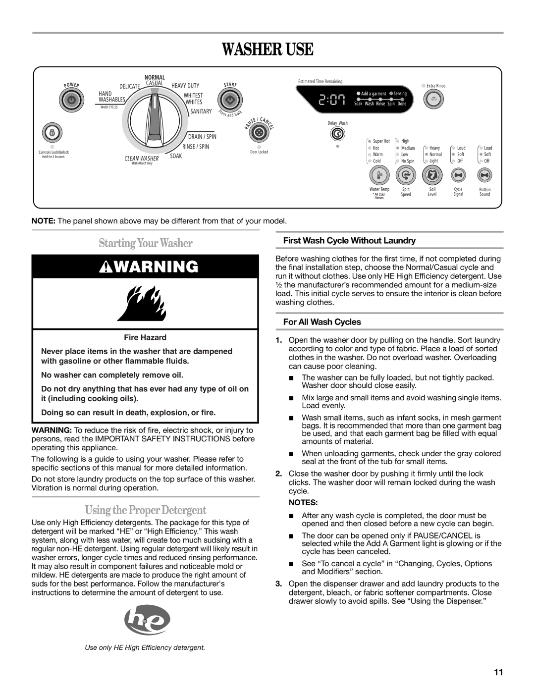 Whirlpool W10158200A manual Washer USE, StartingYourWasher, UsingtheProperDetergent, First Wash Cycle Without Laundry 