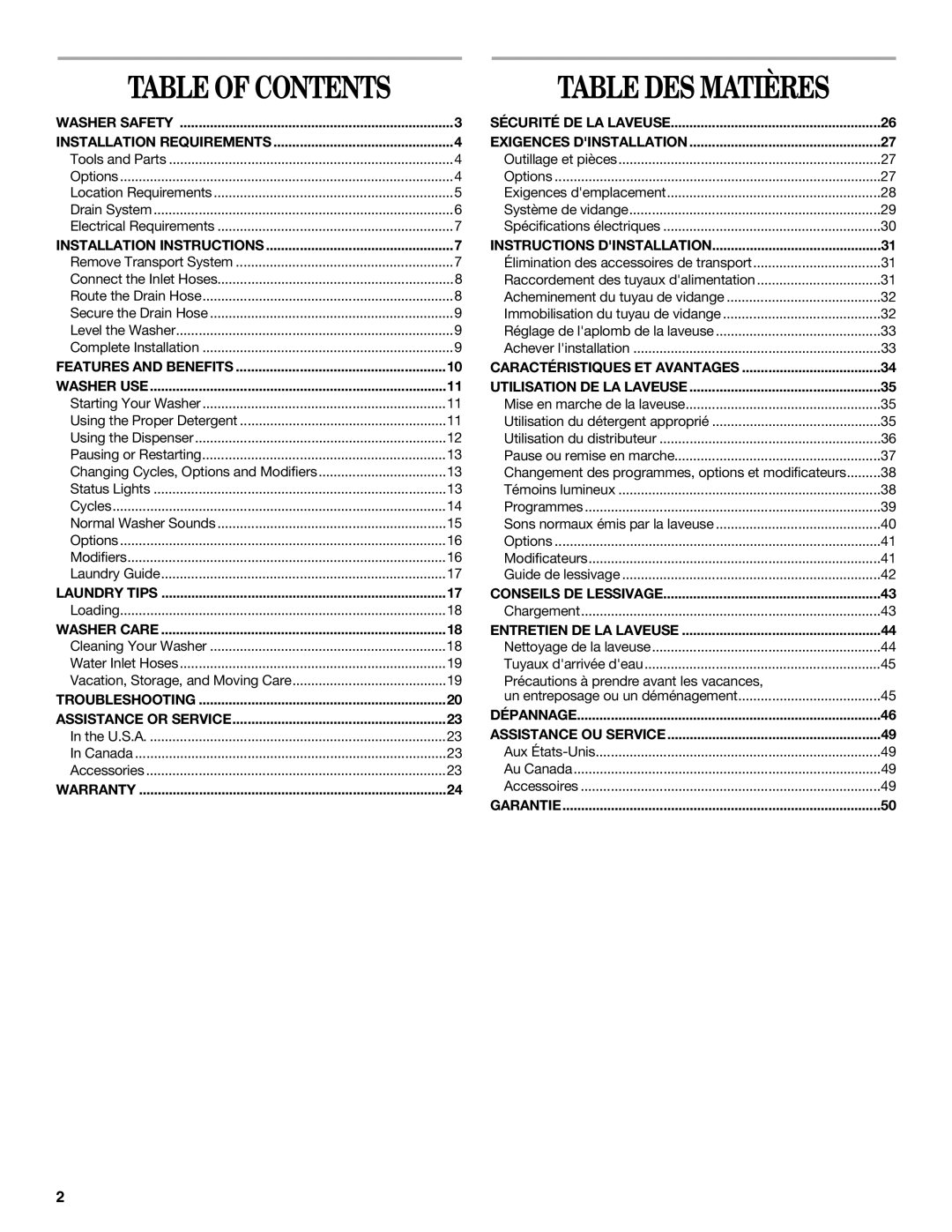 Whirlpool W10158200A manual Table DES Matières 