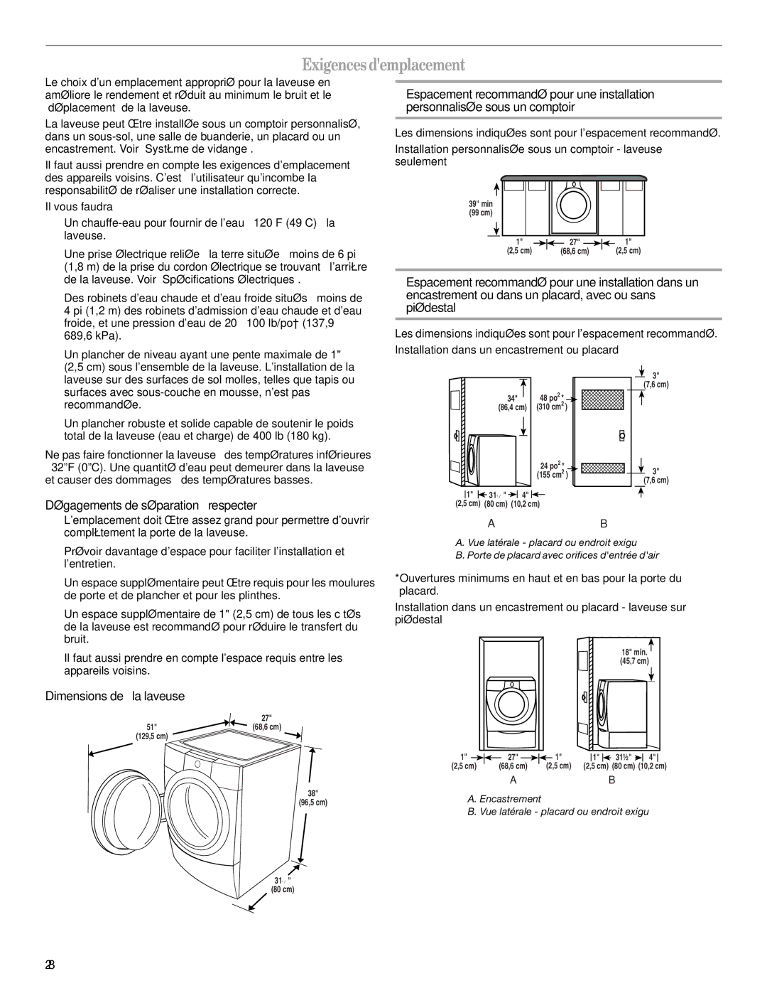 Whirlpool W10158200A manual Exigencesdemplacement, Dégagements de séparation à respecter, Dimensions de la laveuse 