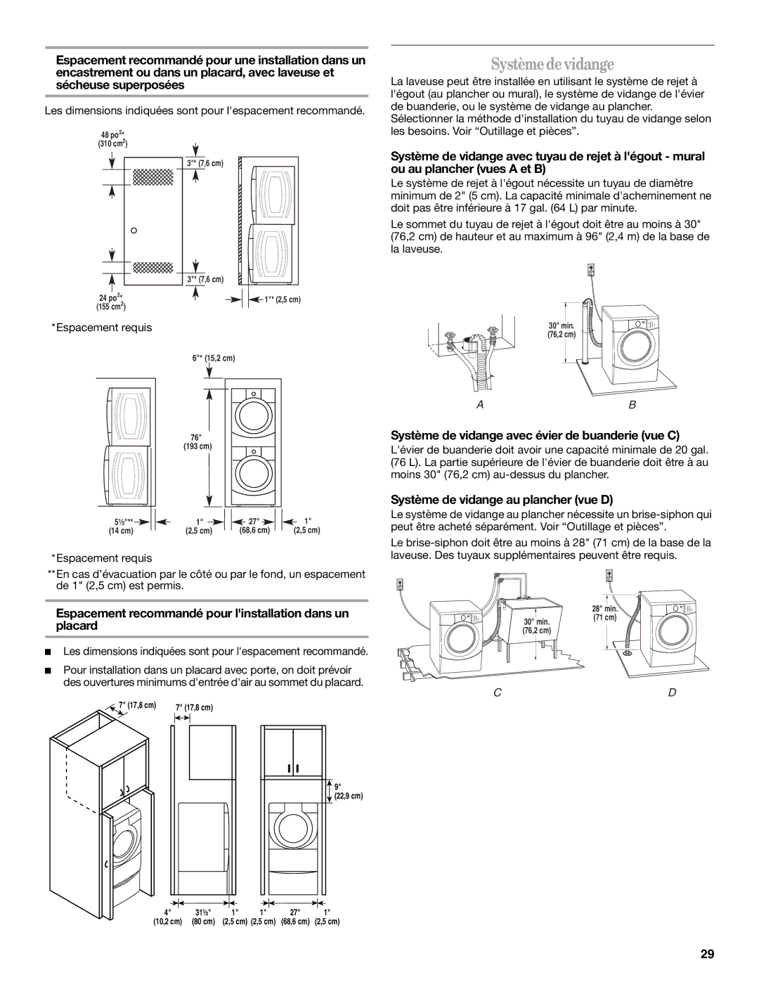 Whirlpool W10158200A manual Systèmedevidange, Espacement recommandé pour linstallation dans un, Placard 